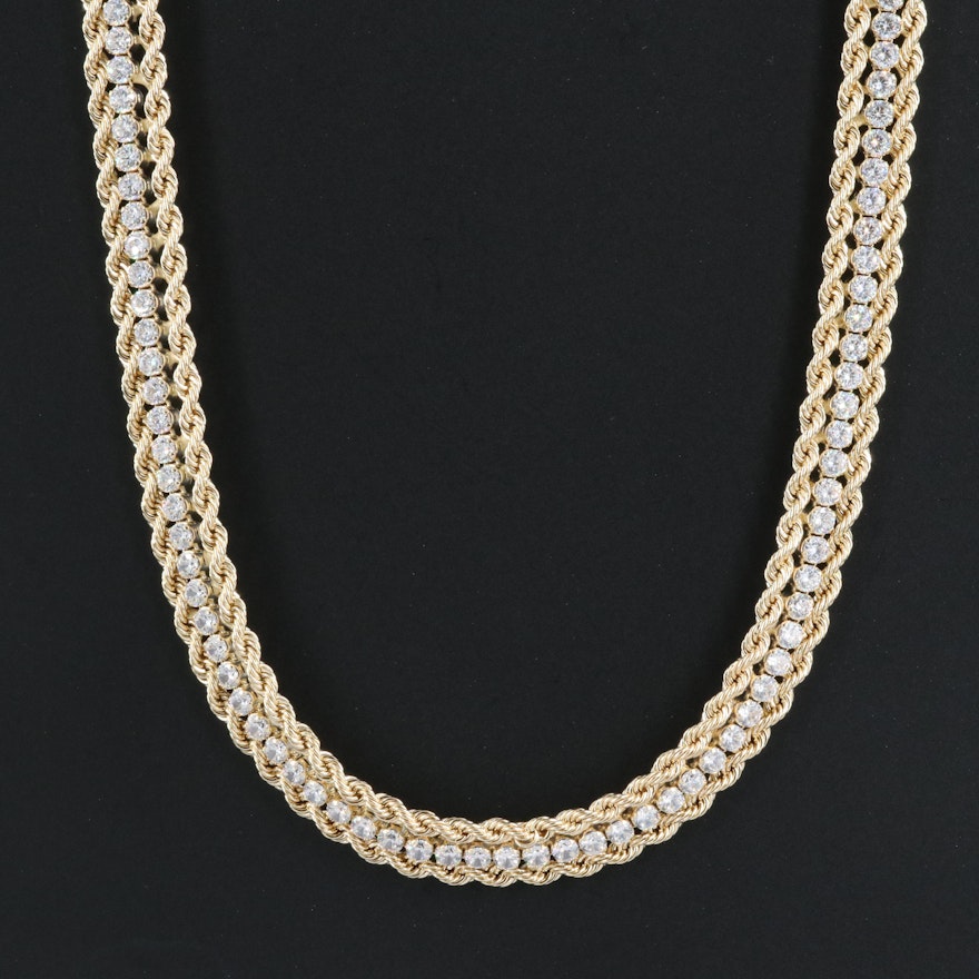 Italian 14K Cubic Zirconia Necklace with Rope Chain Edges