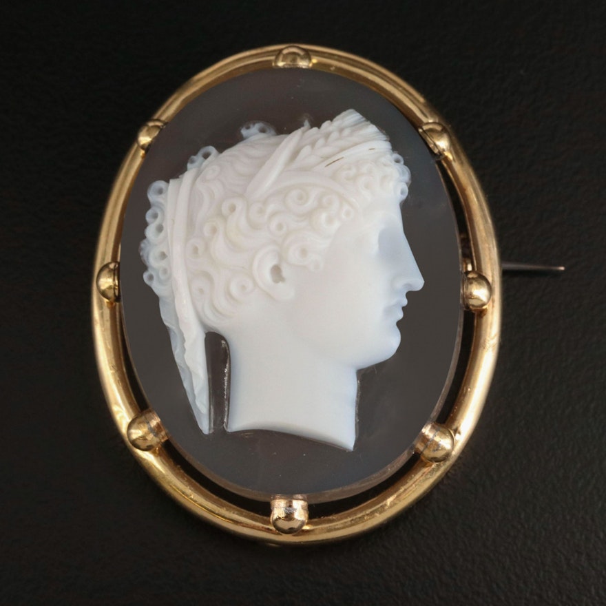 Victorian 14K Agate Cameo of the Goddess Demeter
