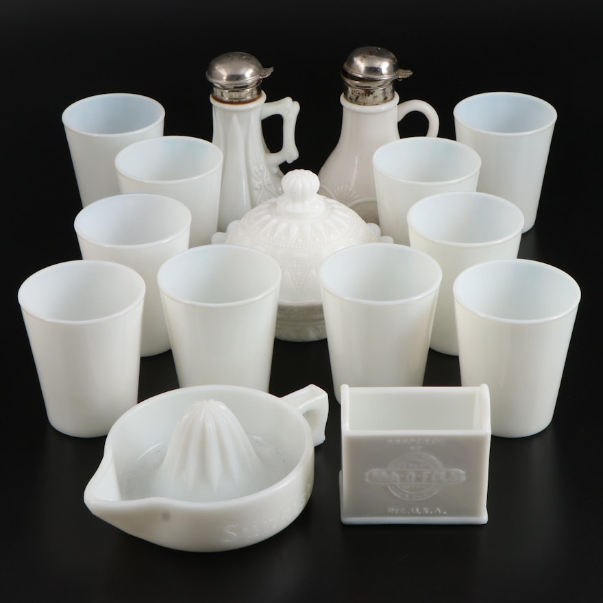 EAPG Syrup Pitchers with Other Milk Glass Tableware