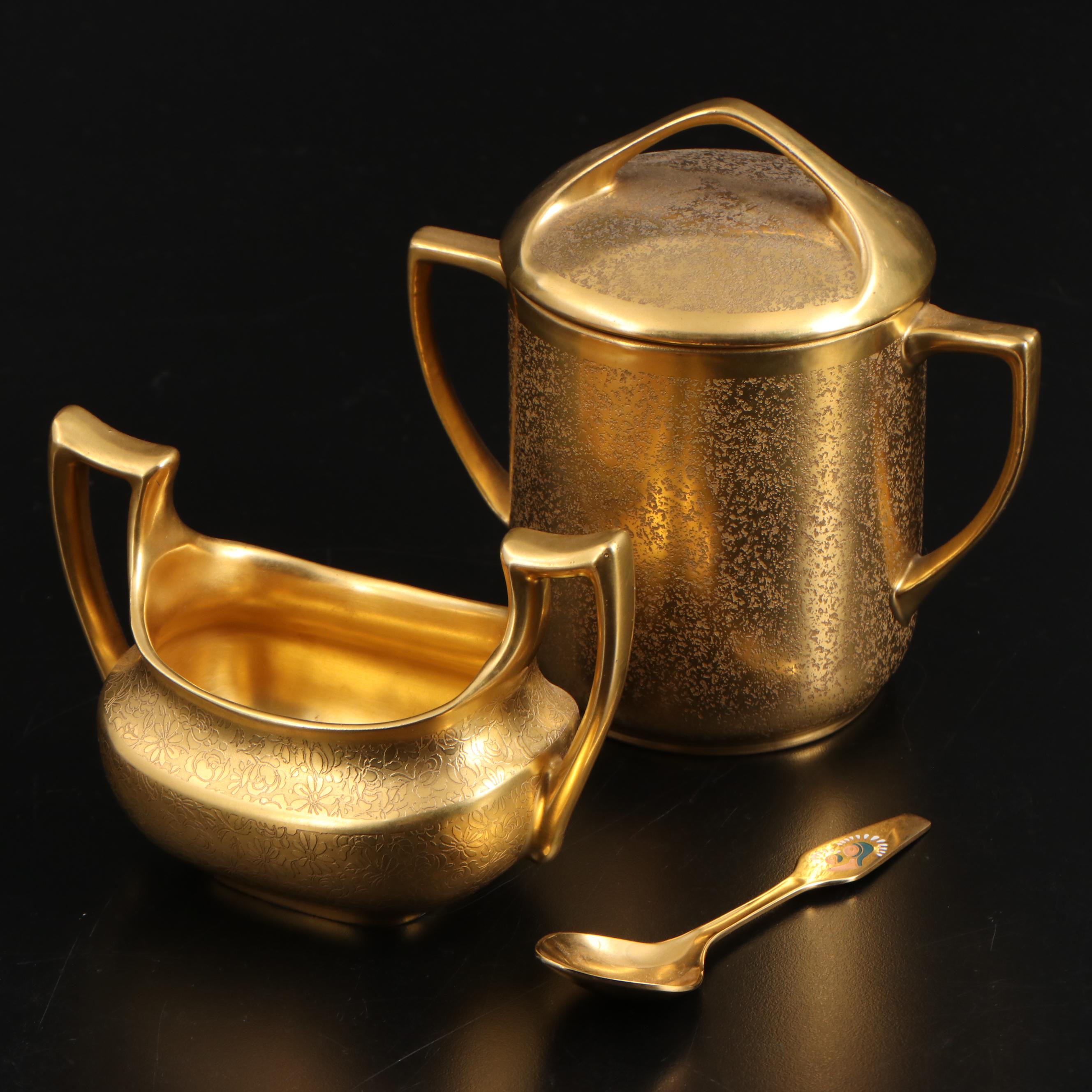 Pickard Cream and Sugar Set with Other Gold Encrusted Condensed Milk Jar