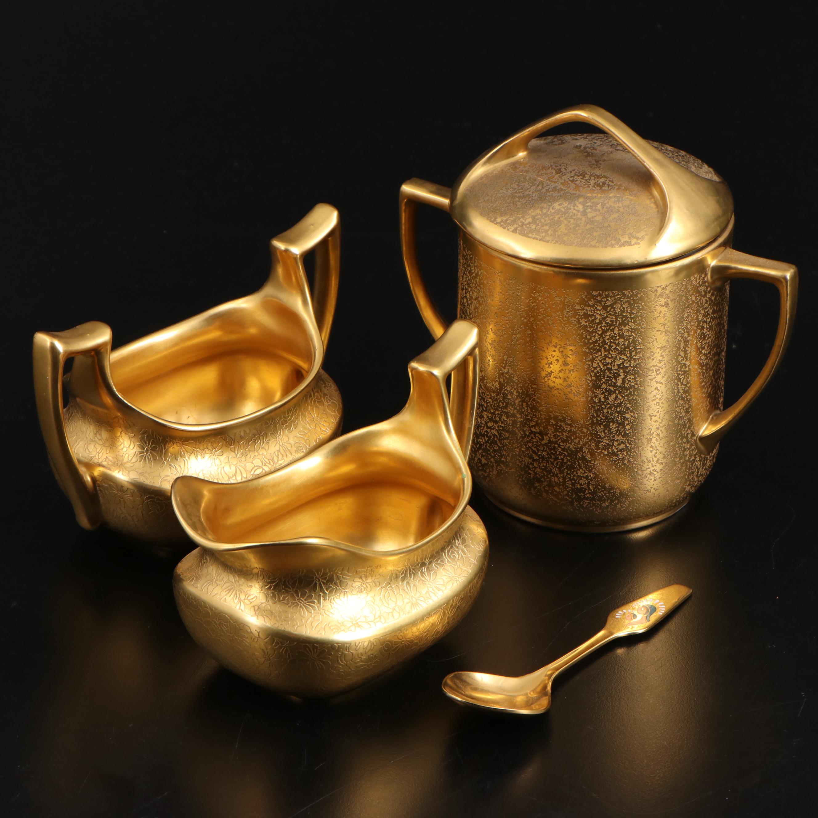 Pickard Cream and Sugar Set with Other Gold Encrusted Condensed Milk Jar