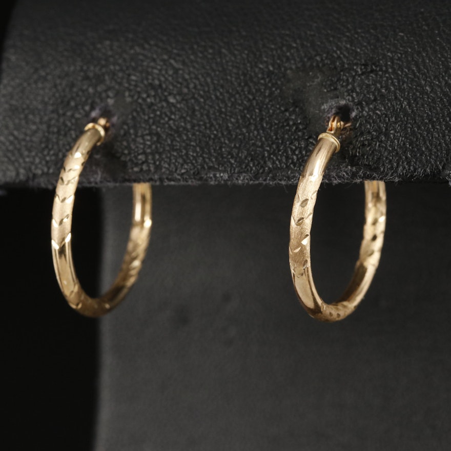 10K Hoop Earrings with Diamond Cut and Matte Finish Accents