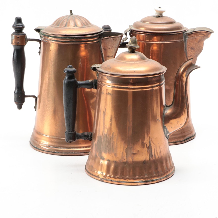 Copper Clad Pitchers and Coffee Pot with Wood Handles, Late 19th/ Early 20th C.