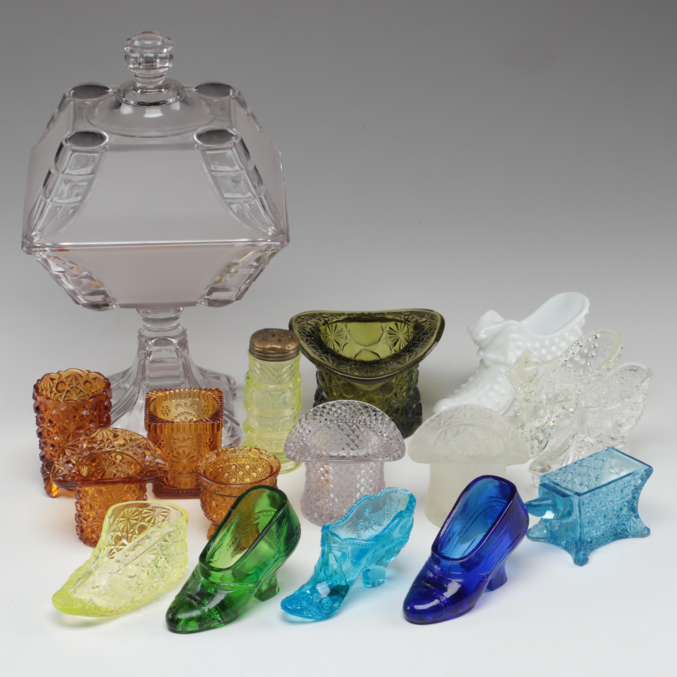 EAPG Adams "Hidalgo" Compote, Vaseline Glass Shaker, Baby Boot and More