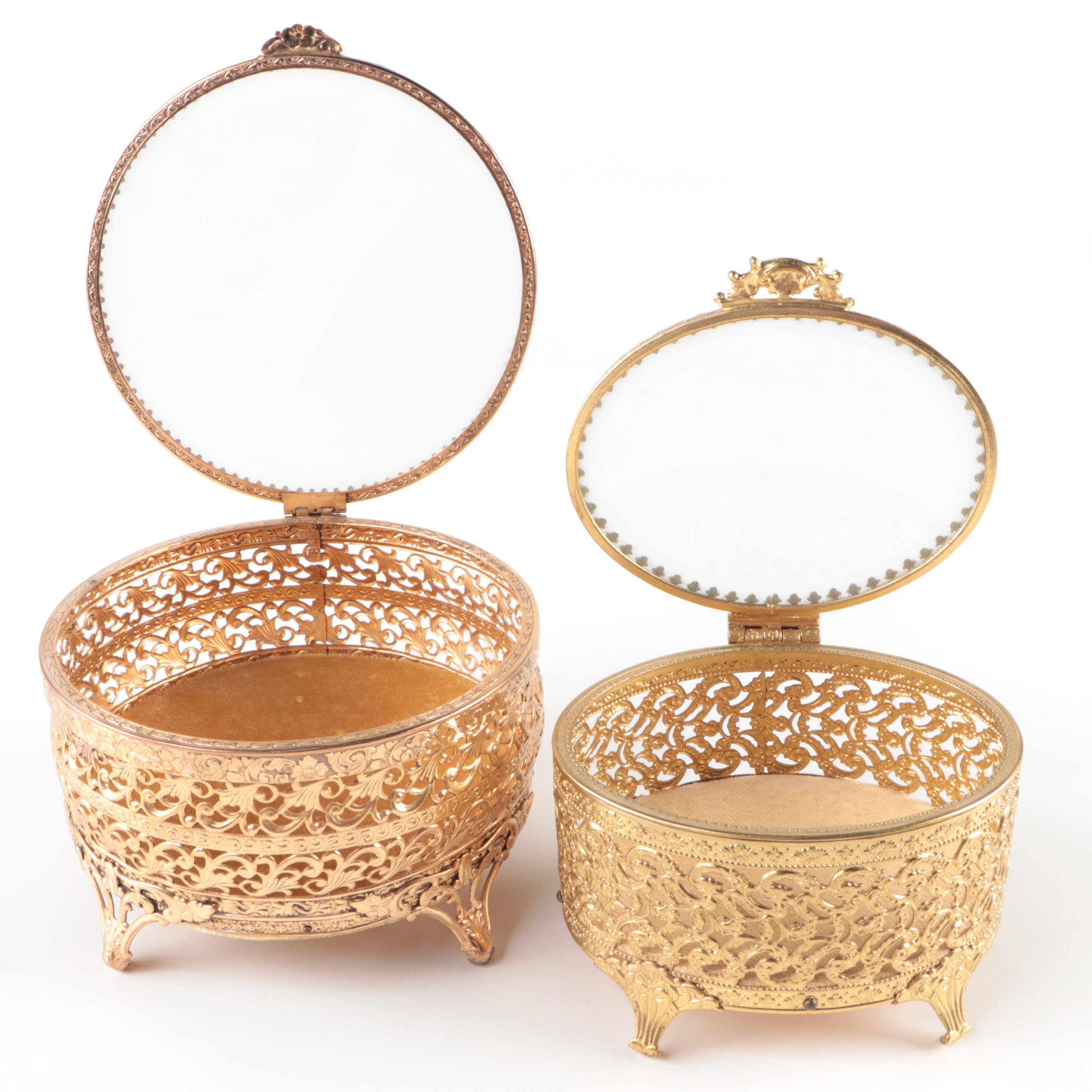 Rococo Style Gilt Metal and Glass Vanity Boxes, Mid-20th Century