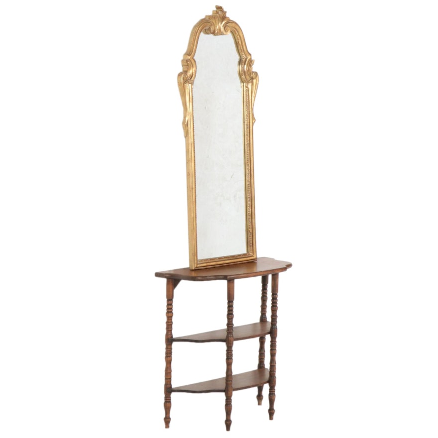 Tiered Wooden Demilune Hall Table With Rococo Style Gilt Wall Mirror