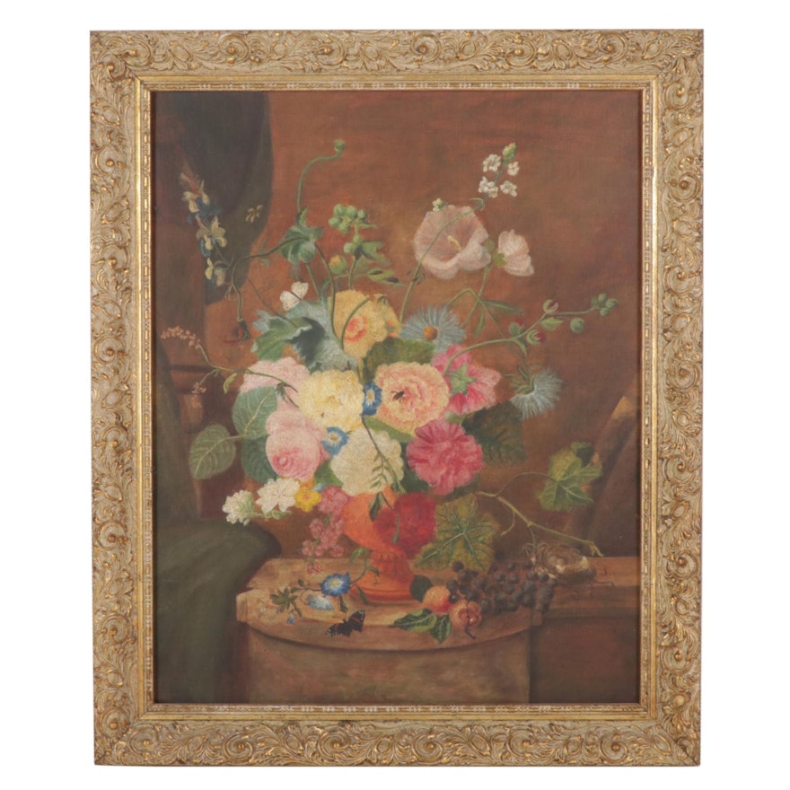 Still Life Oil Painting of Flower Vase and Insects, Mid-Late 20th Century