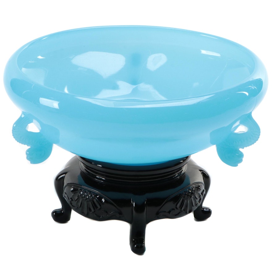 French Opaline Blue Molded Glass Dophin Bowl on Glass Stand