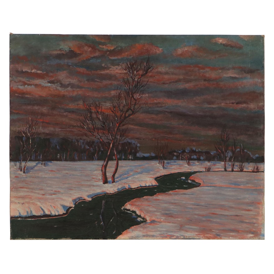 Landscape Oil Painting of Winter Scene, Mid-20th Century