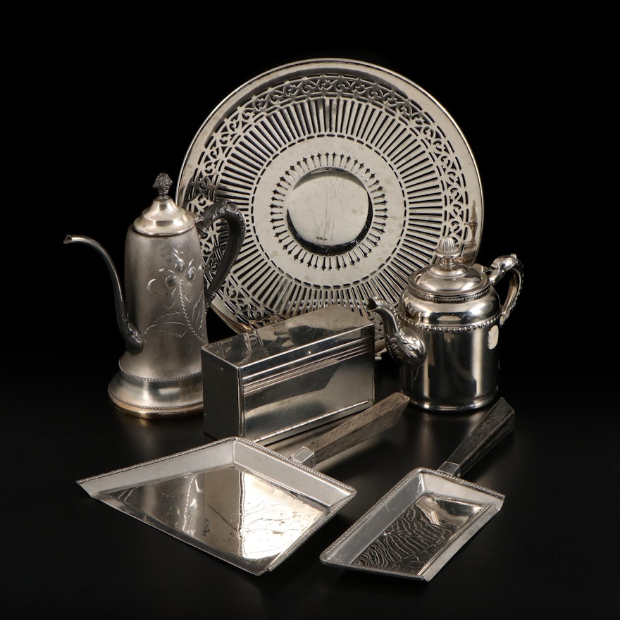 Engined Turned Vanity Box with Assorted Silver Plate and Metal Tableware