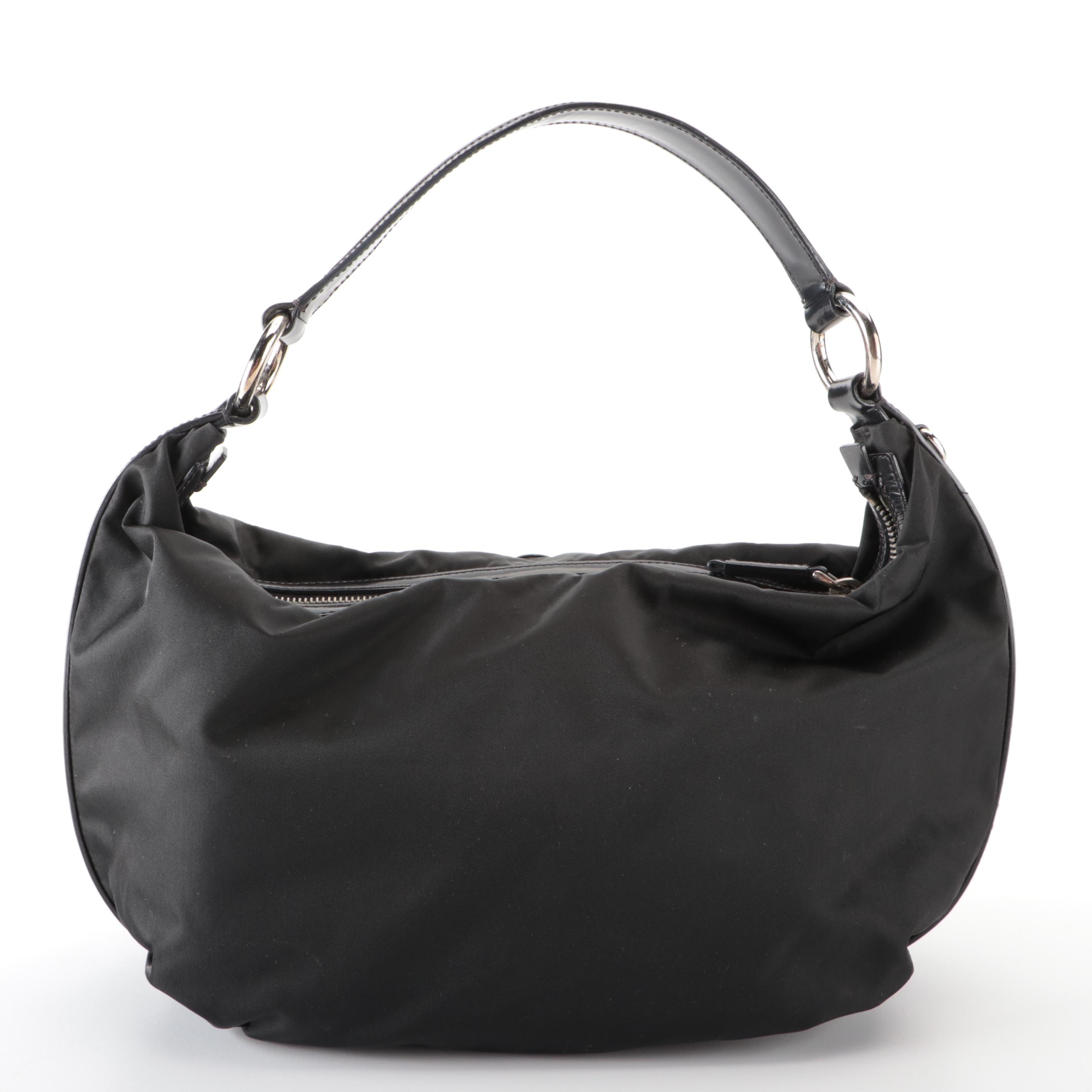 Prada Small Logo Hobo Bag in Black Tessuto Nylon and Smooth Leather