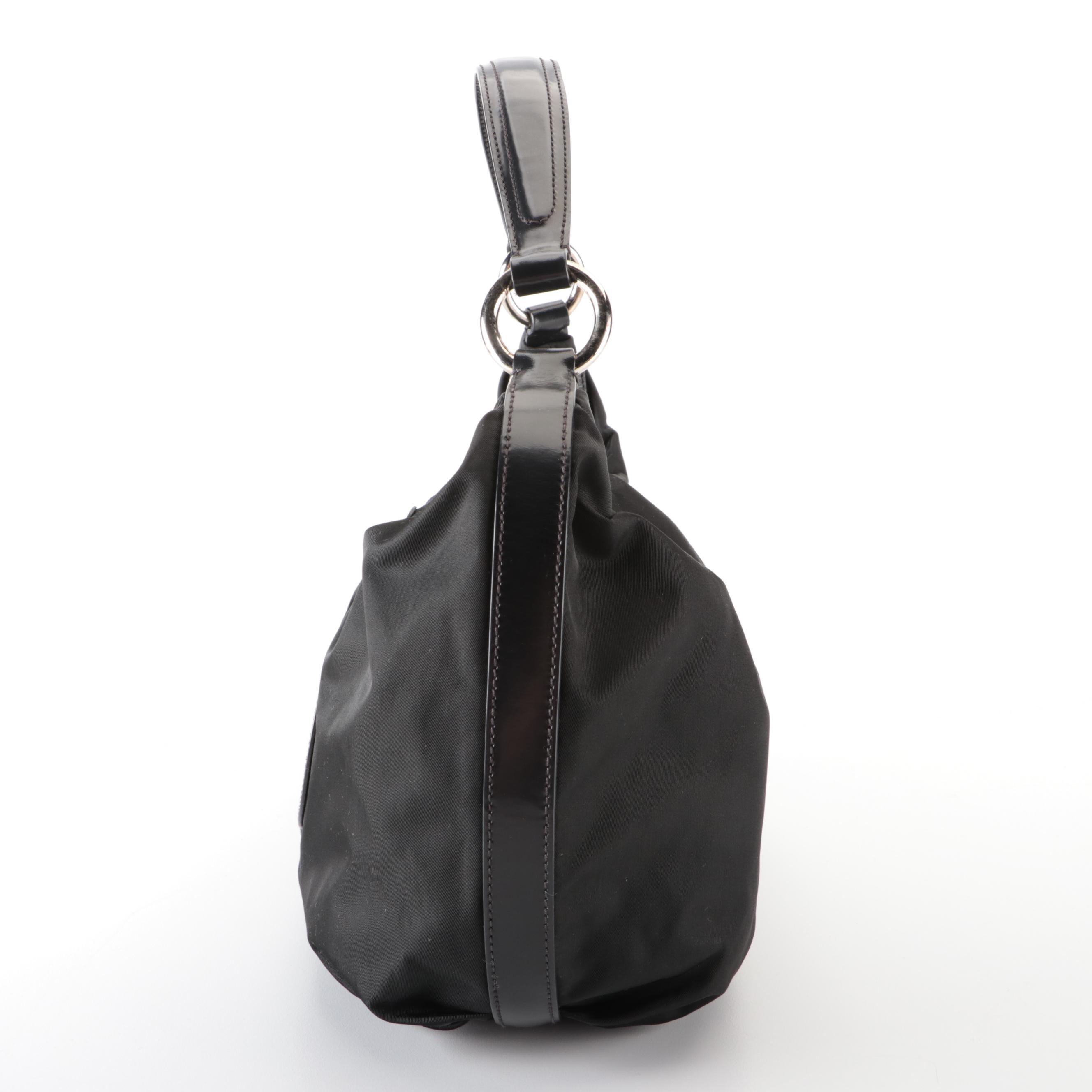 Prada Small Logo Hobo Bag in Black Tessuto Nylon and Smooth Leather