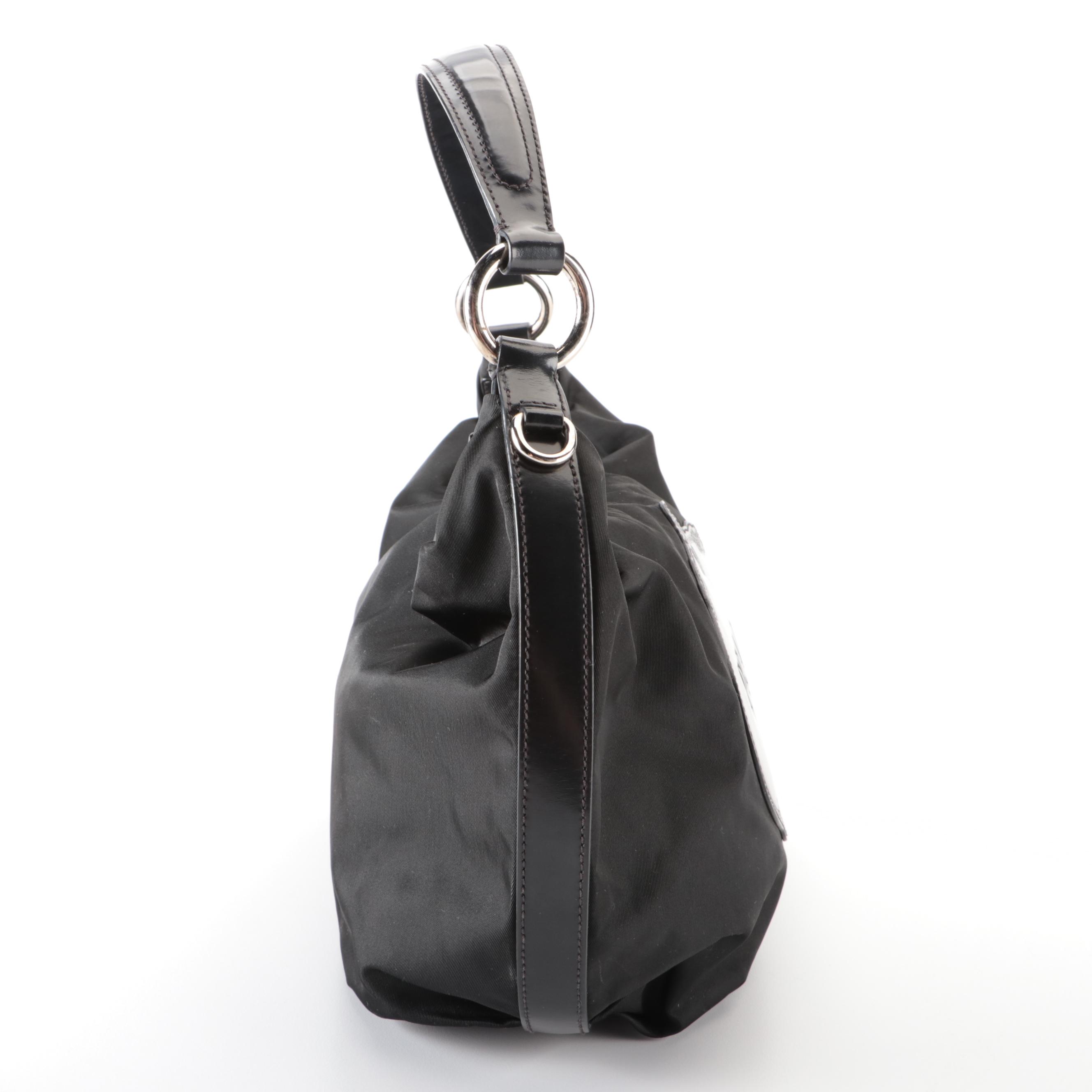 Prada Small Logo Hobo Bag in Black Tessuto Nylon and Smooth Leather