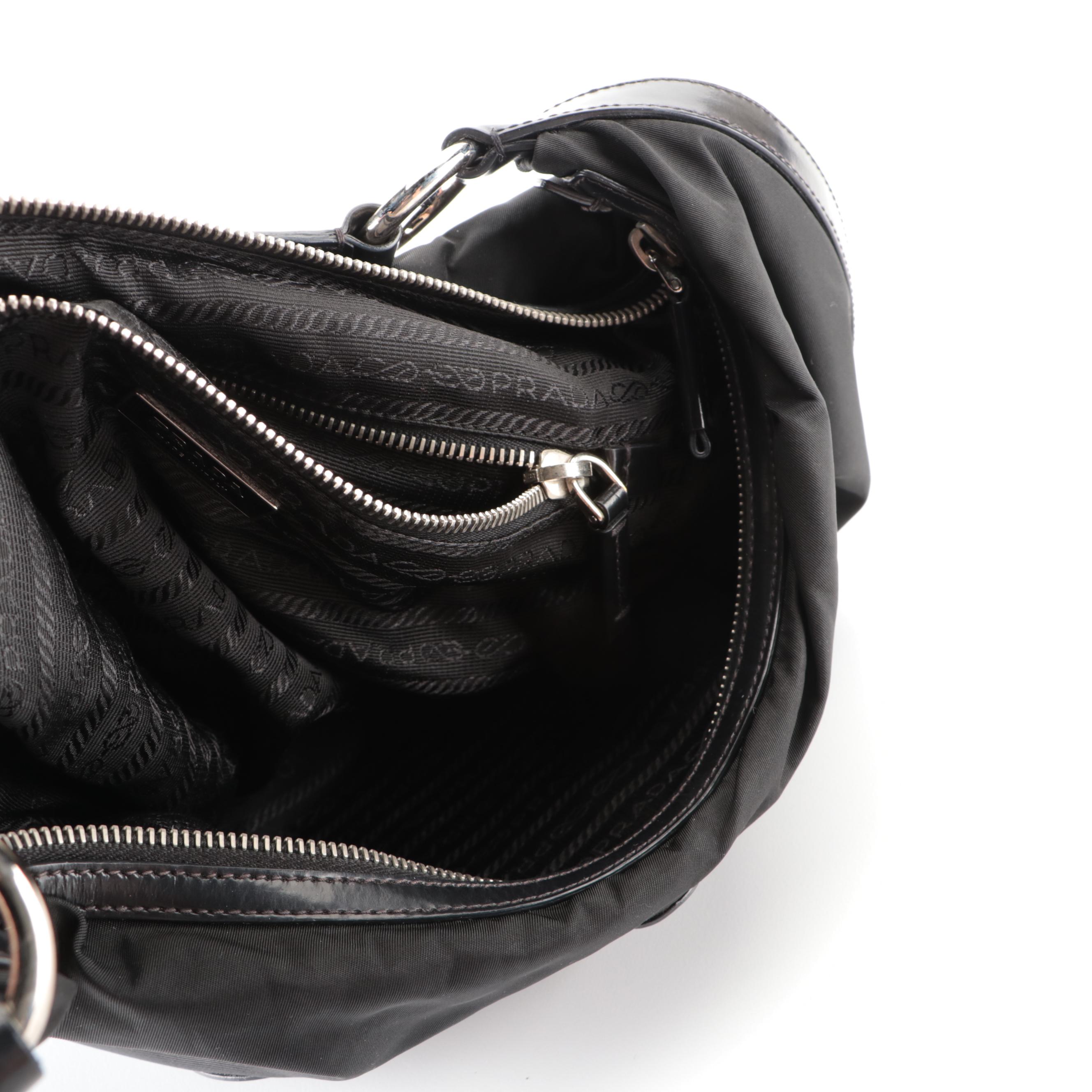 Prada Small Logo Hobo Bag in Black Tessuto Nylon and Smooth Leather