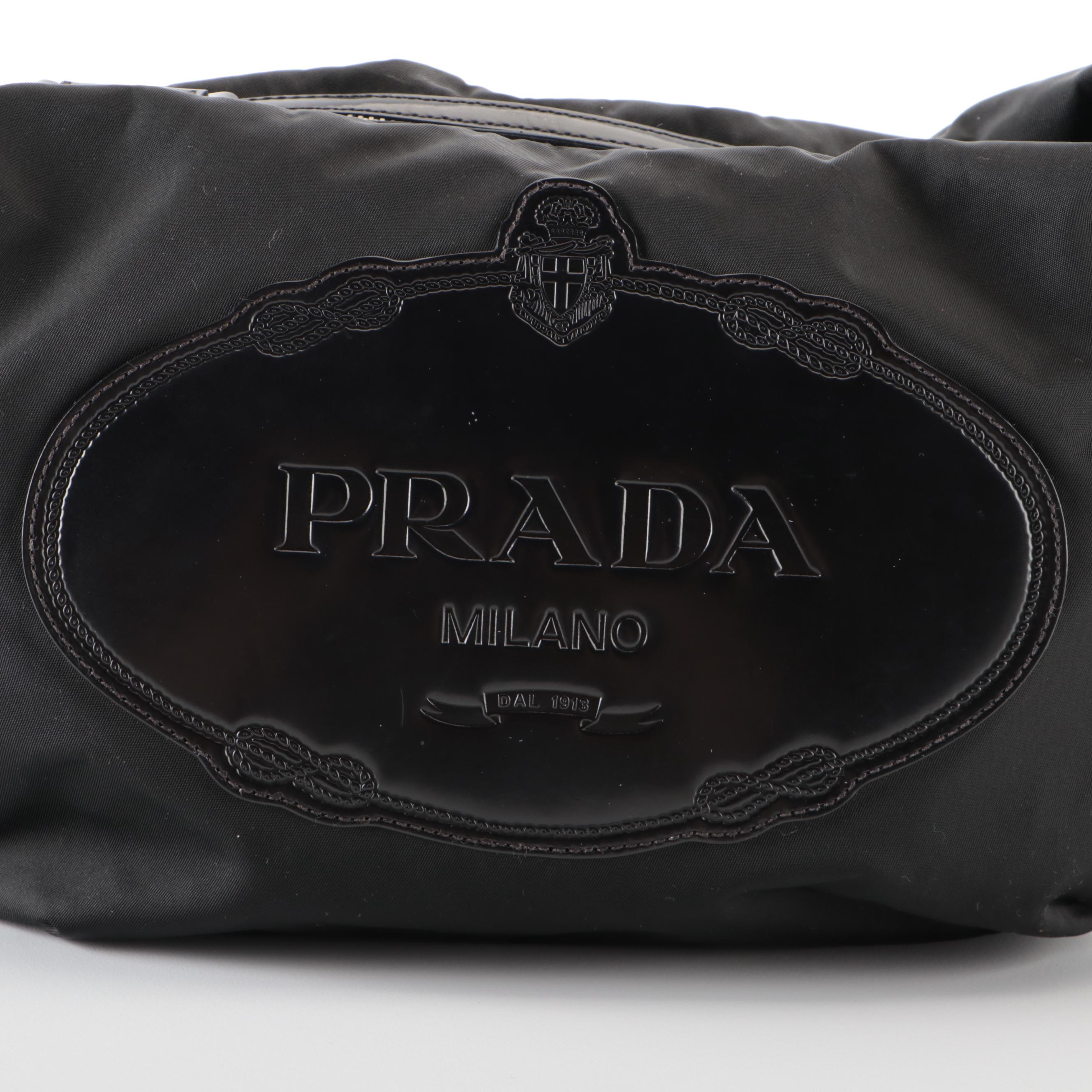 Prada Small Logo Hobo Bag in Black Tessuto Nylon and Smooth Leather
