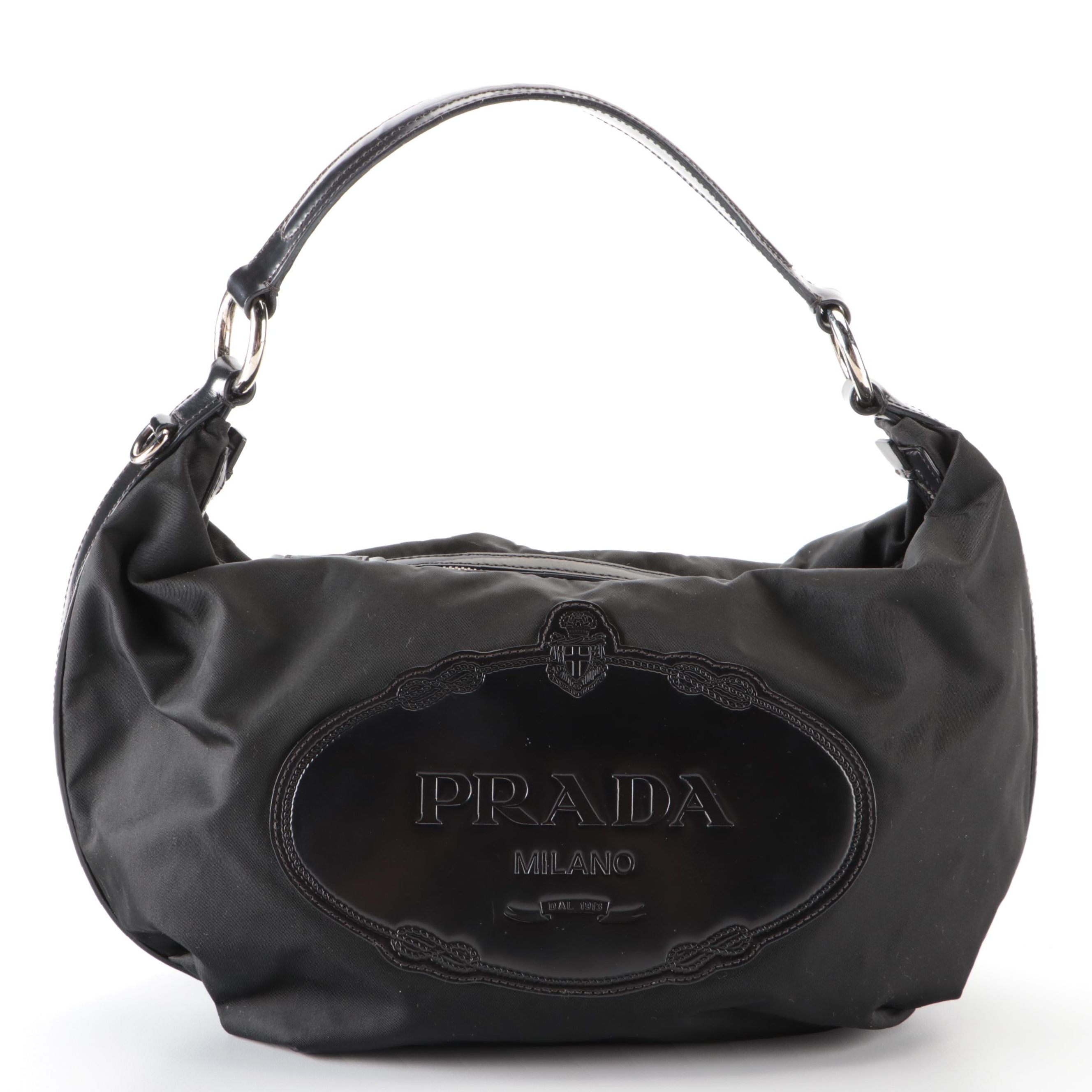 Prada Small Logo Hobo Bag in Black Tessuto Nylon and Smooth Leather