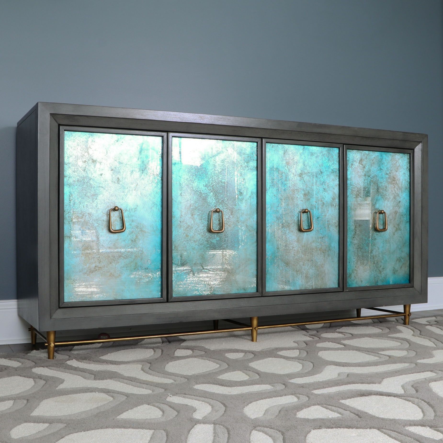 Kravet Contemporary Painted Wood, Gilt Metal and Mirrored Four-Door Buffet