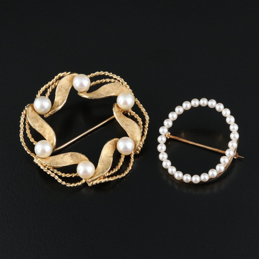 14K Brooches Featuring Seed Pearls and Florentine Finish
