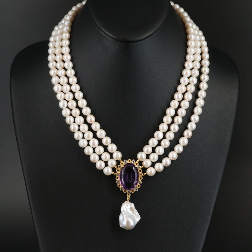 Sterling Amethyst, Pearl and Sapphire Tiered Pendant Necklace