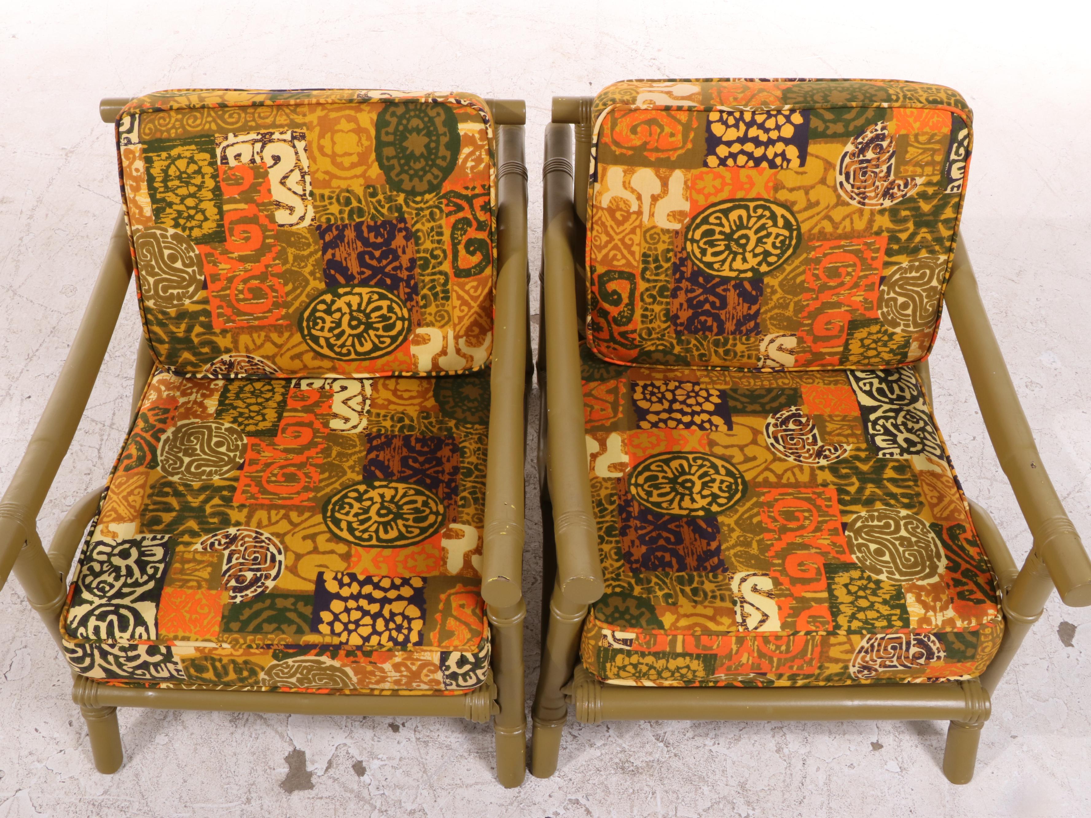 Pair of Mid Century Modern Painted Rattan Lounge Chairs