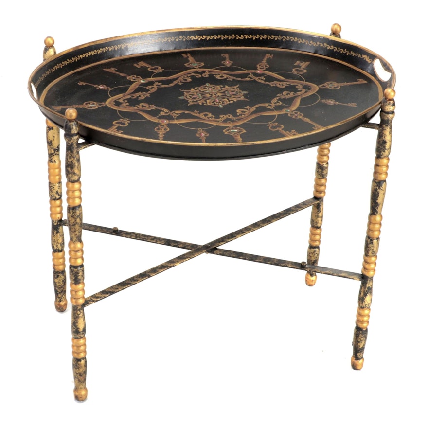 Gilt-Decorated and Black Lacquered Metal Tray on Stand