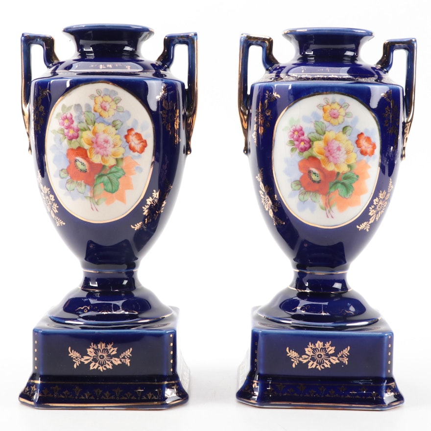 Pair of Japanese Hand-Painted Porcelain Urns, Late 20th Century