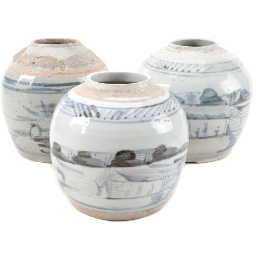 Korean Blue and White Stoneware Ginger Jars, 19th Century