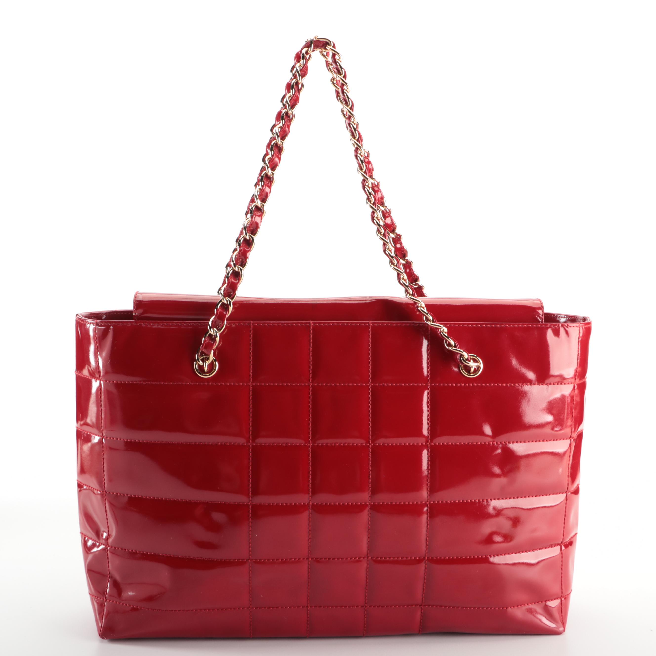 Chanel Chocolate Bar Tote Bag in Quilted Red Patent Leather
