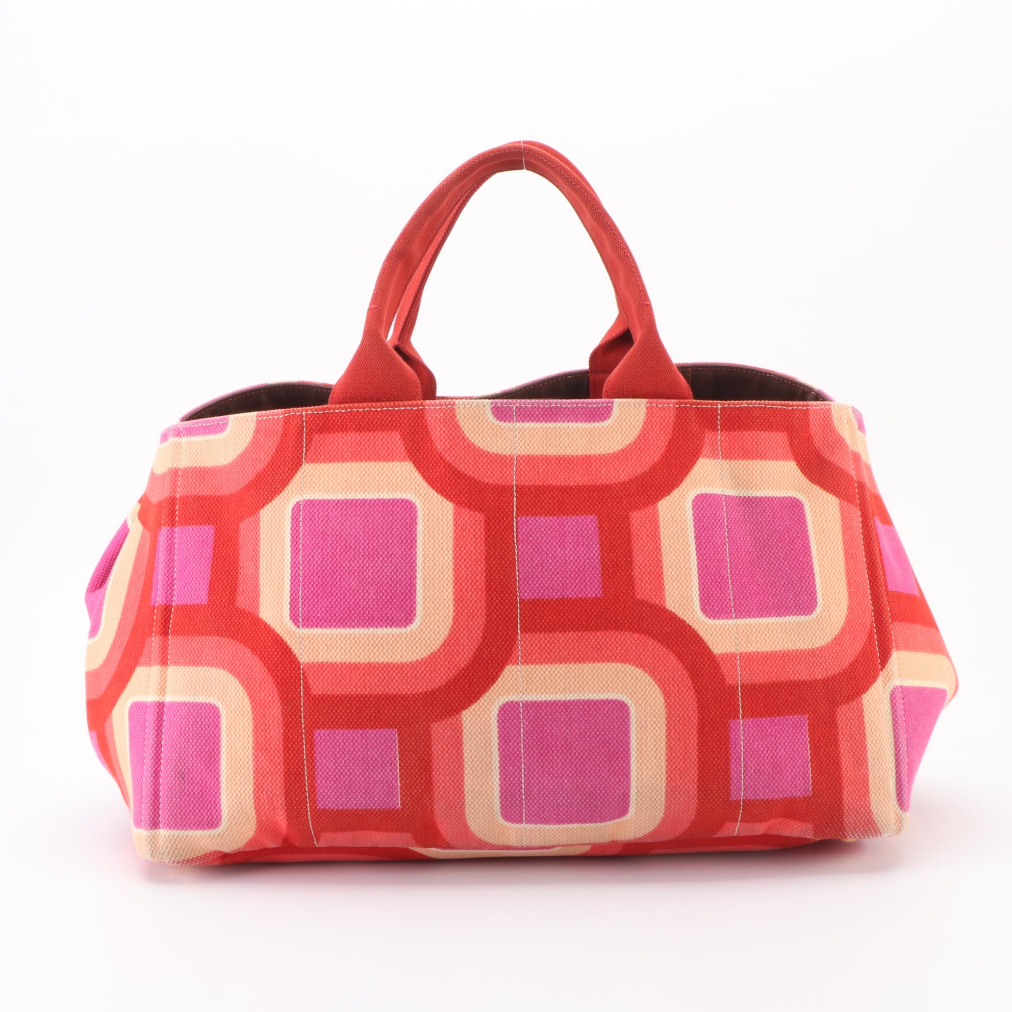 Prada Canapa Stampata Tote Bag in Pink/Red/Multicolor Geometric Print Canvas
