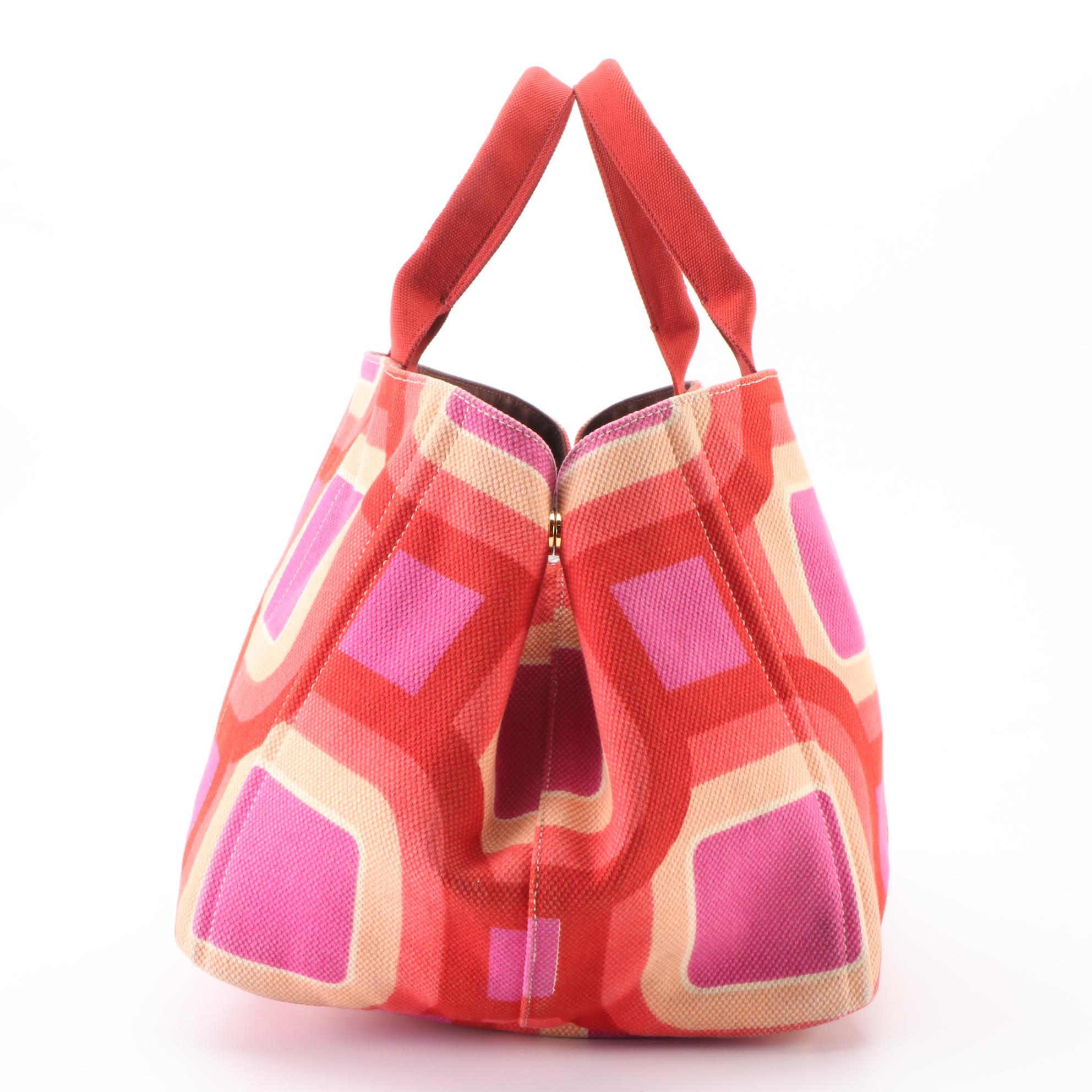 Prada Canapa Stampata Tote Bag in Pink/Red/Multicolor Geometric Print Canvas