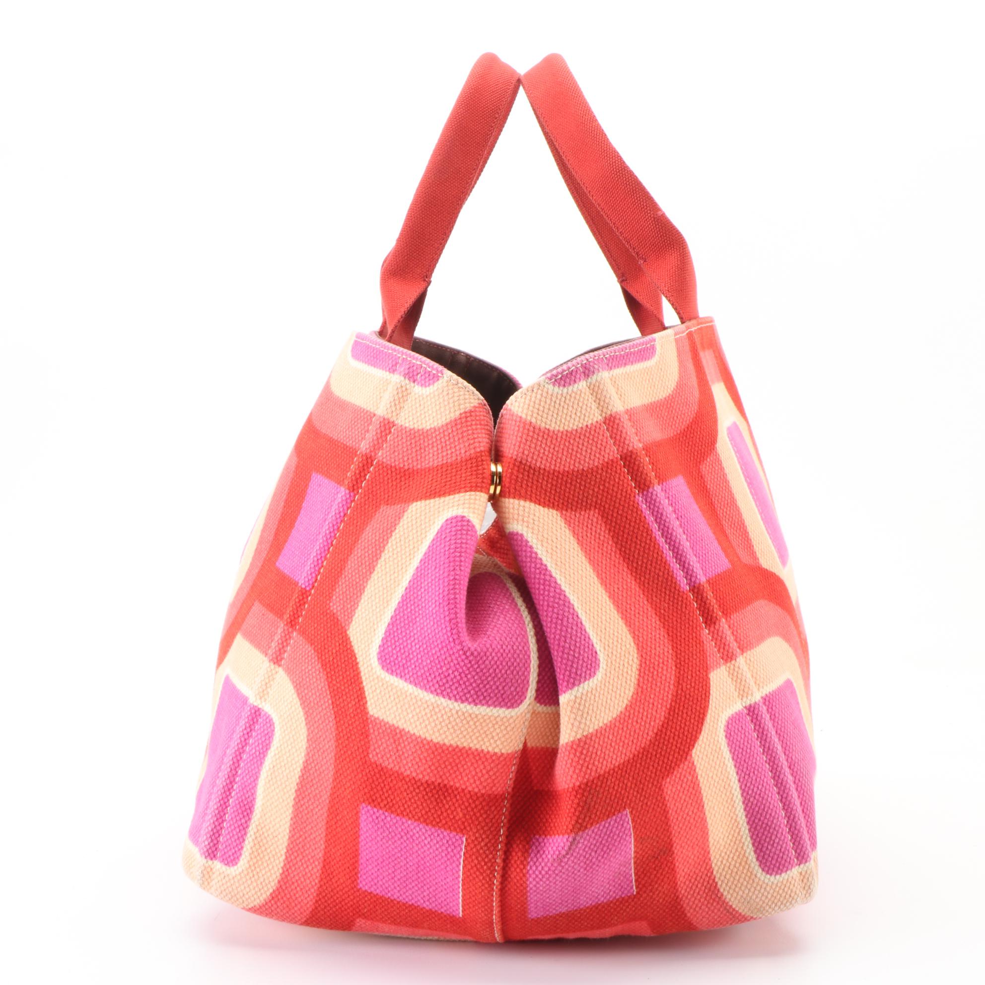 Prada Canapa Stampata Tote Bag in Pink/Red/Multicolor Geometric Print Canvas
