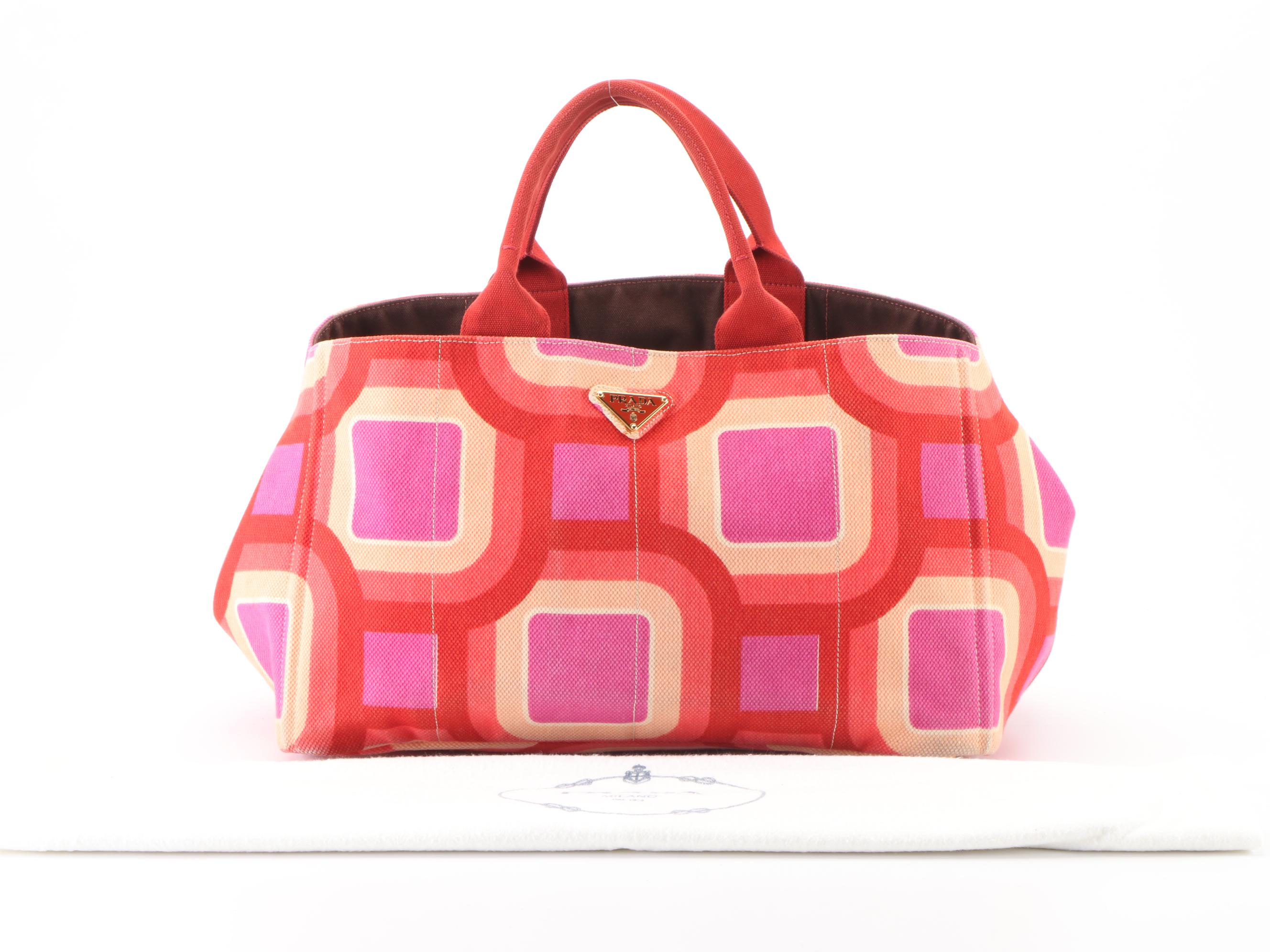 Prada Canapa Stampata Tote Bag in Pink/Red/Multicolor Geometric Print Canvas