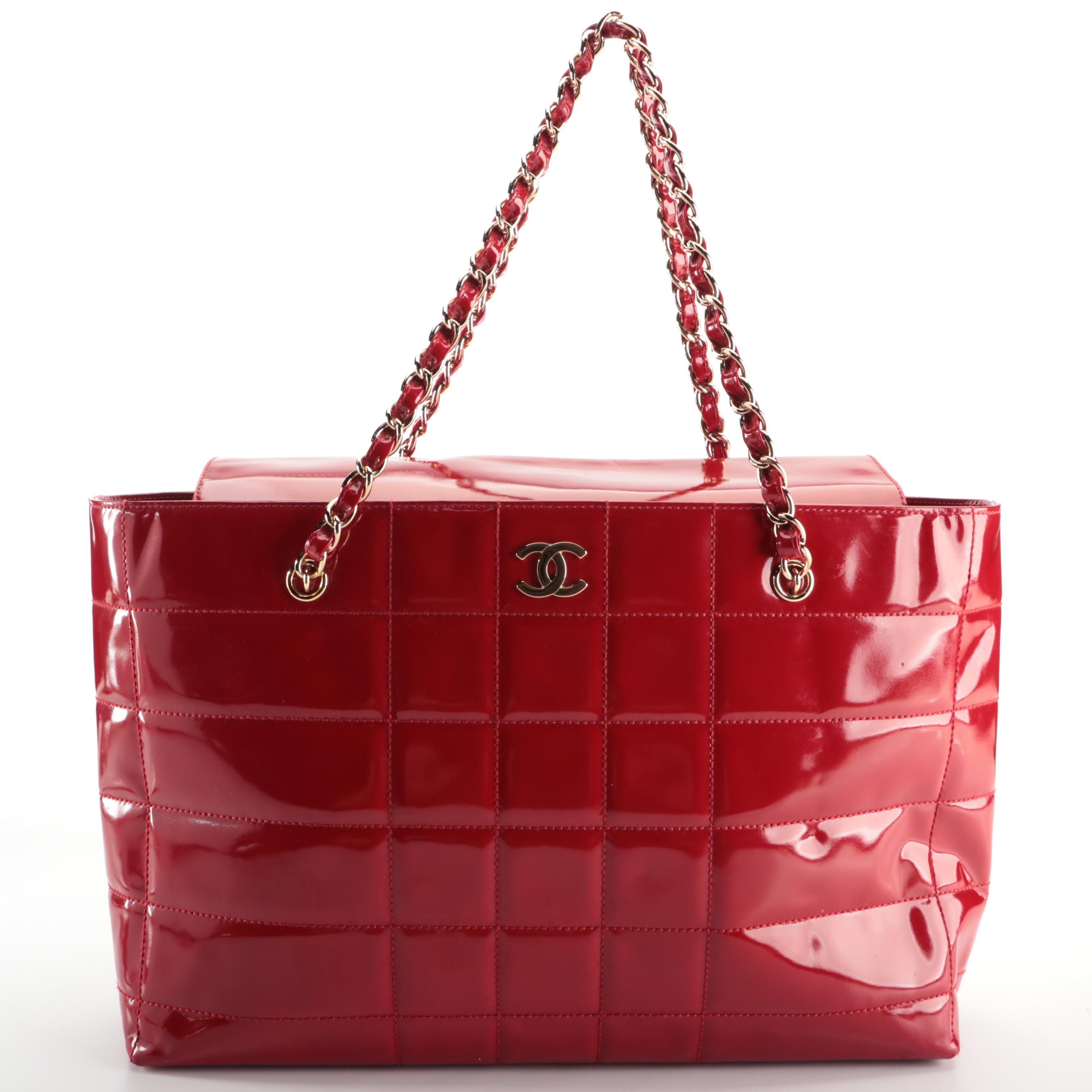 Chanel Chocolate Bar Tote Bag in Quilted Red Patent Leather