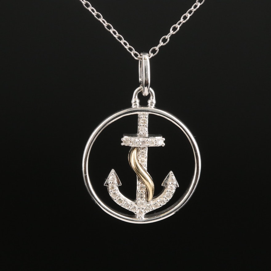 Hallmark Sterling Diamond Anchor Pendant Necklace with 14K Accent