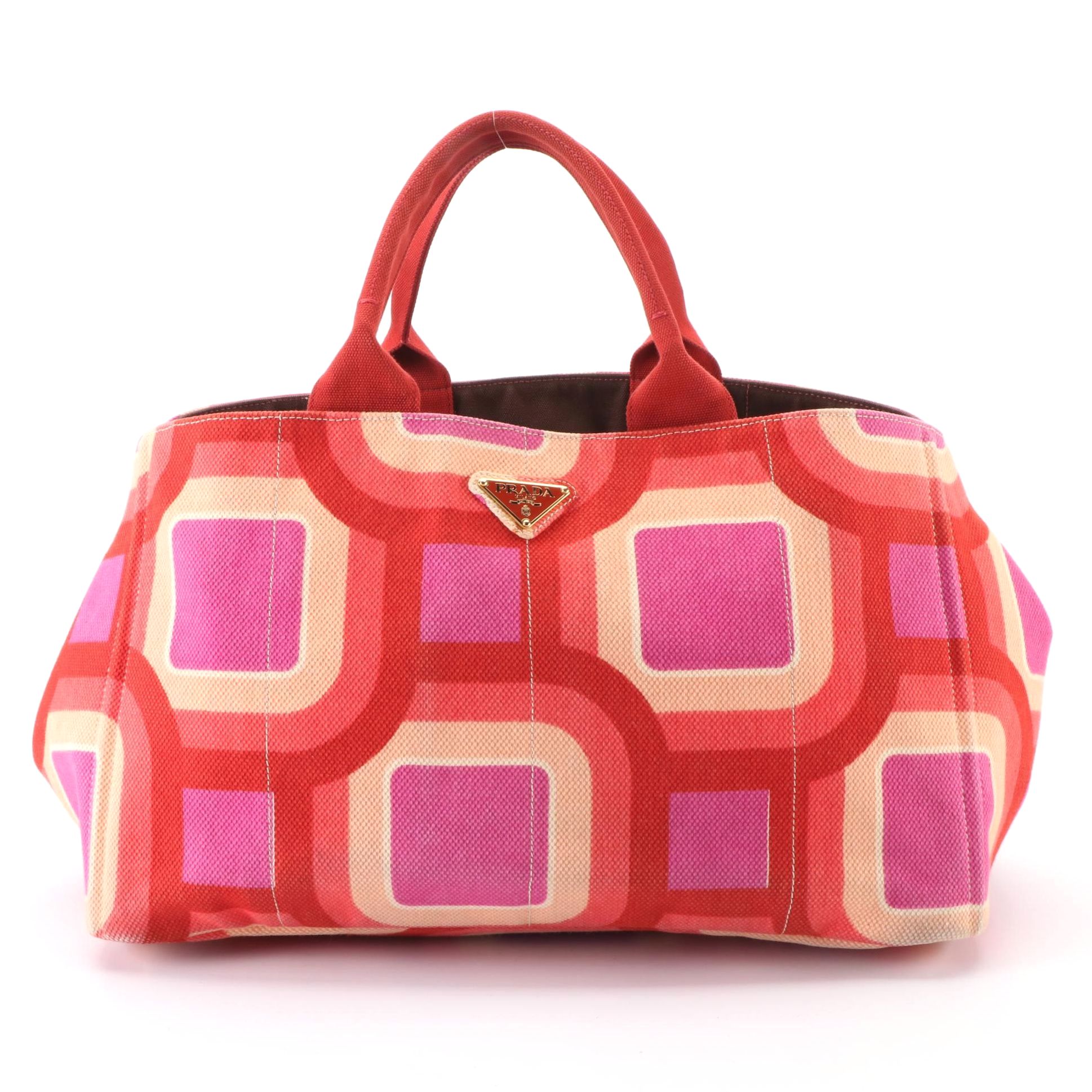 Prada Canapa Stampata Tote Bag in Pink/Red/Multicolor Geometric Print Canvas