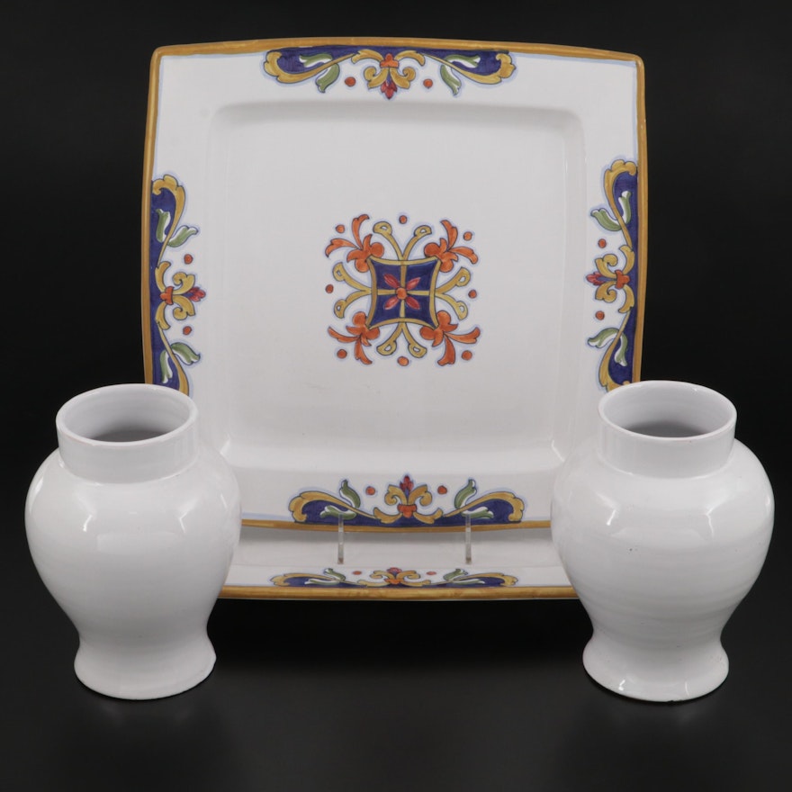 Deruta Hand-Painted Porcelain Platters with Other Italian Vases