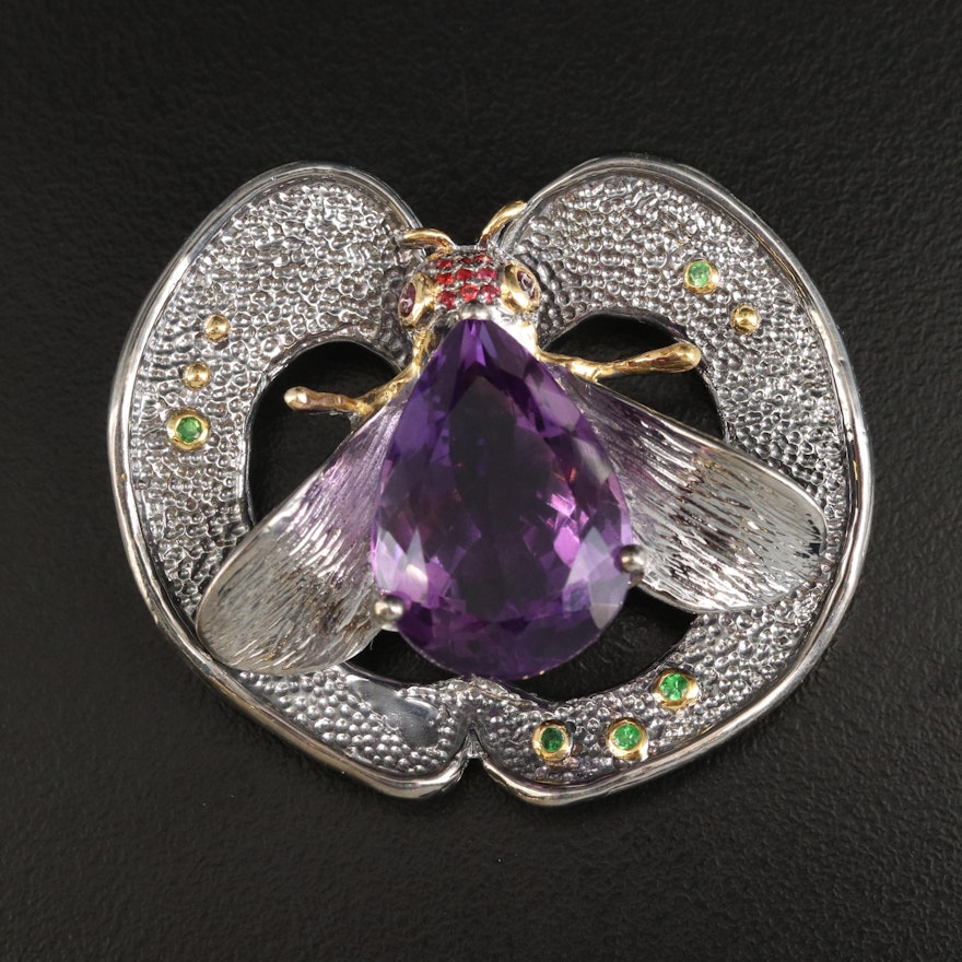 Sterling Fly Slide Pendant with Amethyst, Sapphire and Diopside