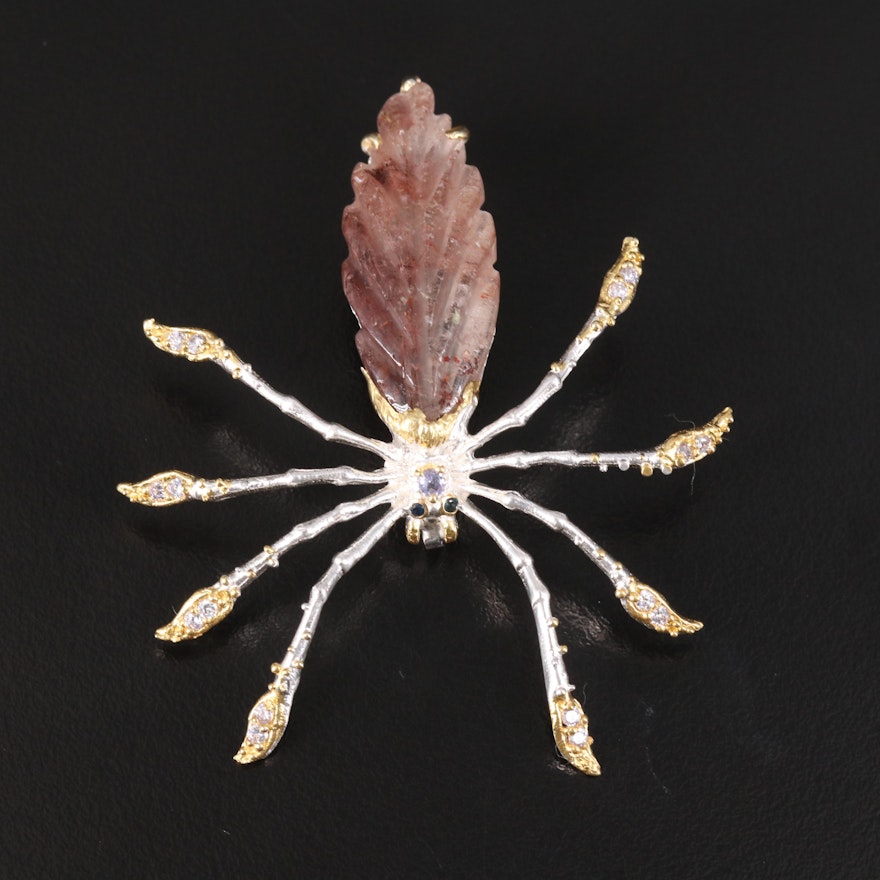 Sterling Spider Brooch with Rutilated Quartz, Tanzanite and Sapphire