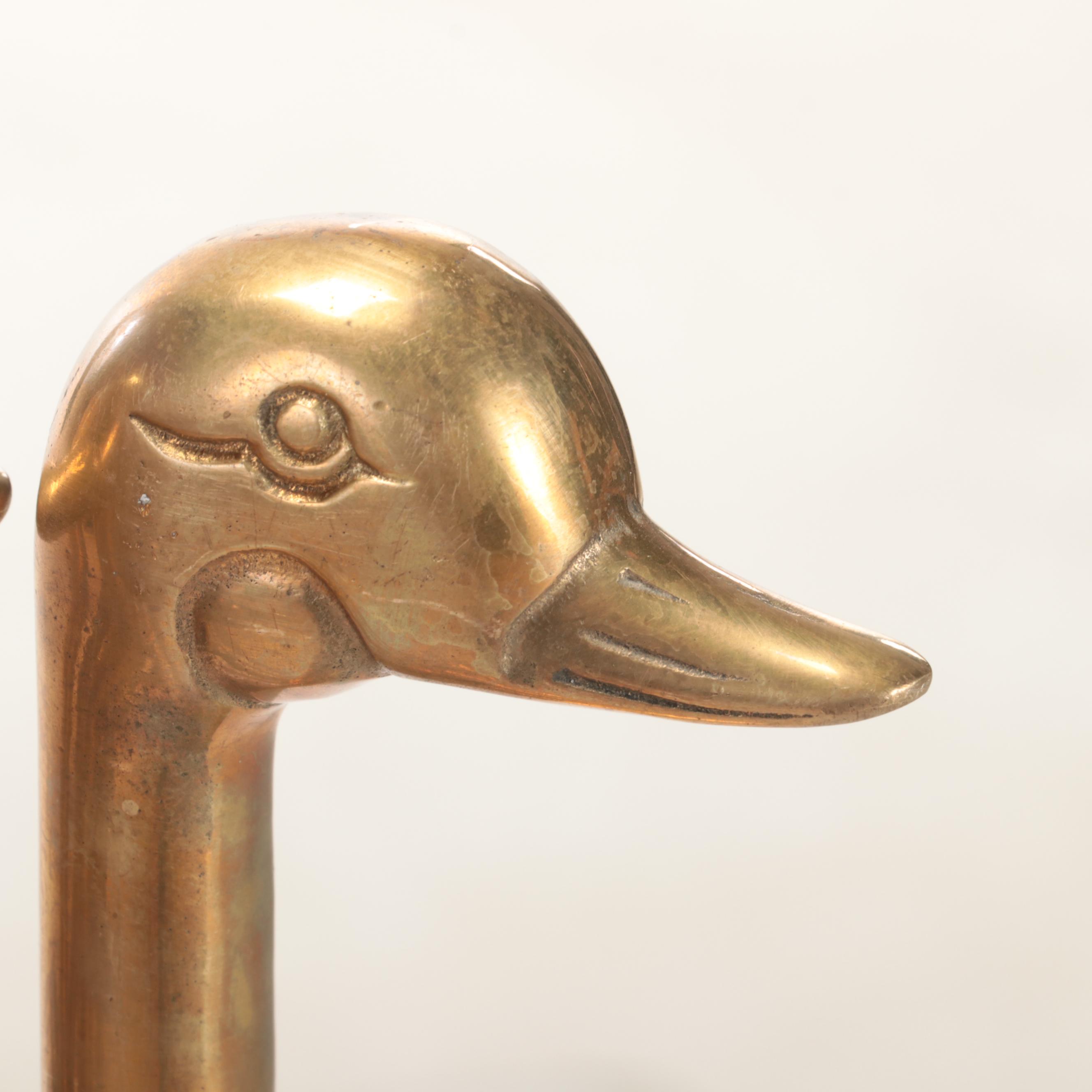 Cast Brass Duck Head Fireplace Tool Set, Mid-20th Century