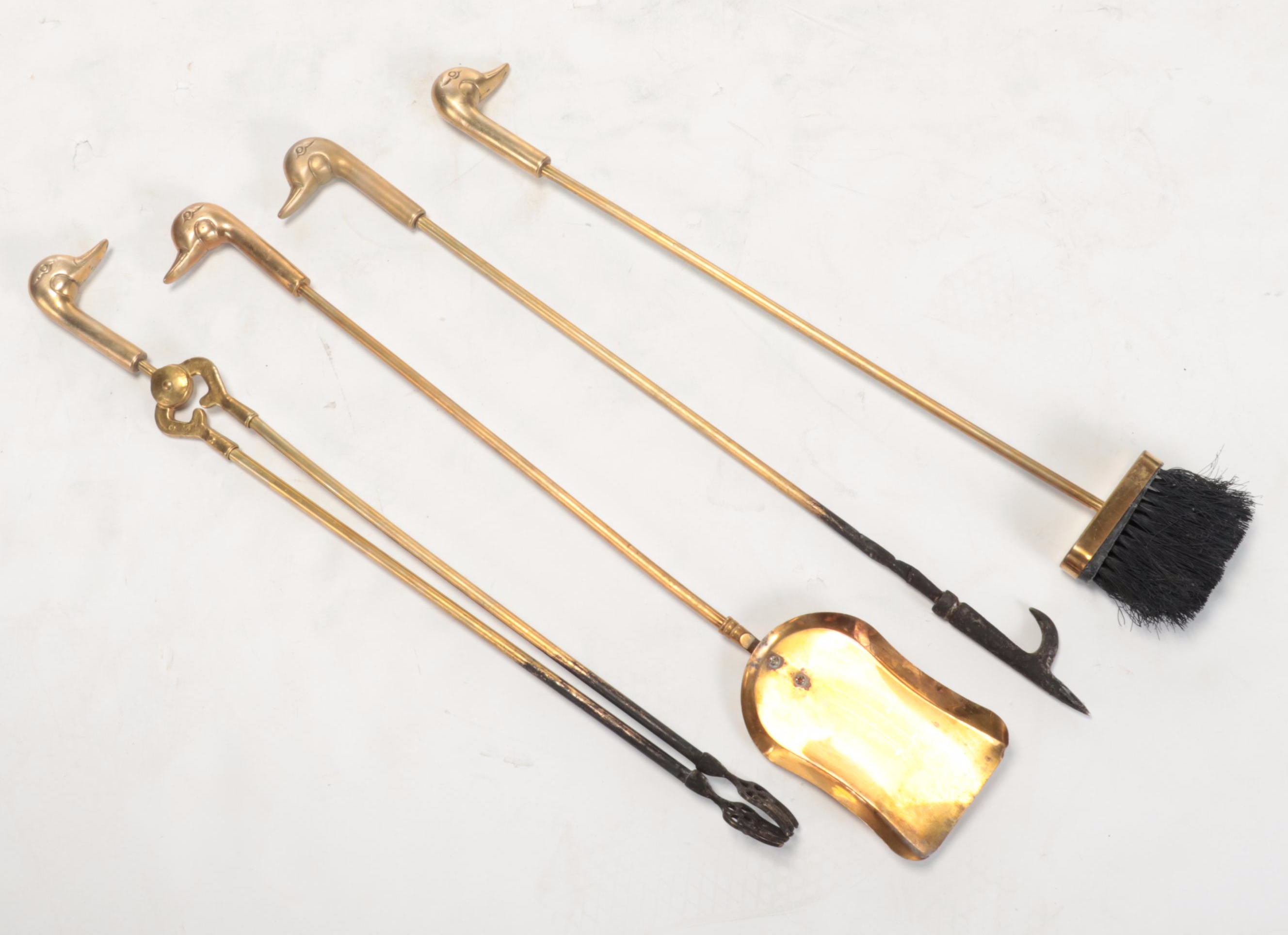 Cast Brass Duck Head Fireplace Tool Set, Mid-20th Century