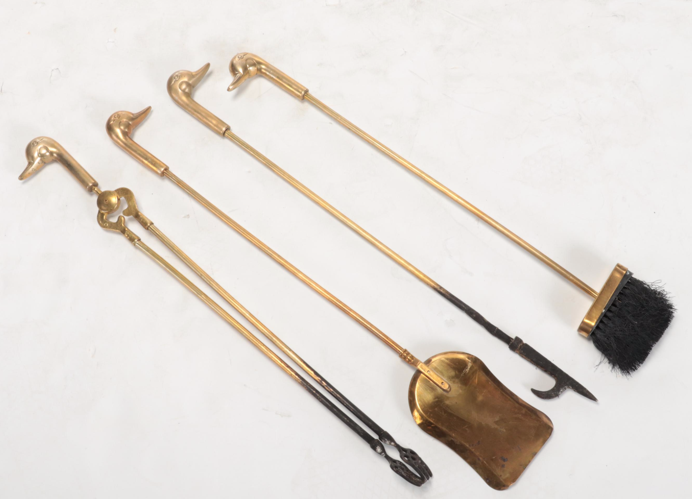 Cast Brass Duck Head Fireplace Tool Set, Mid-20th Century