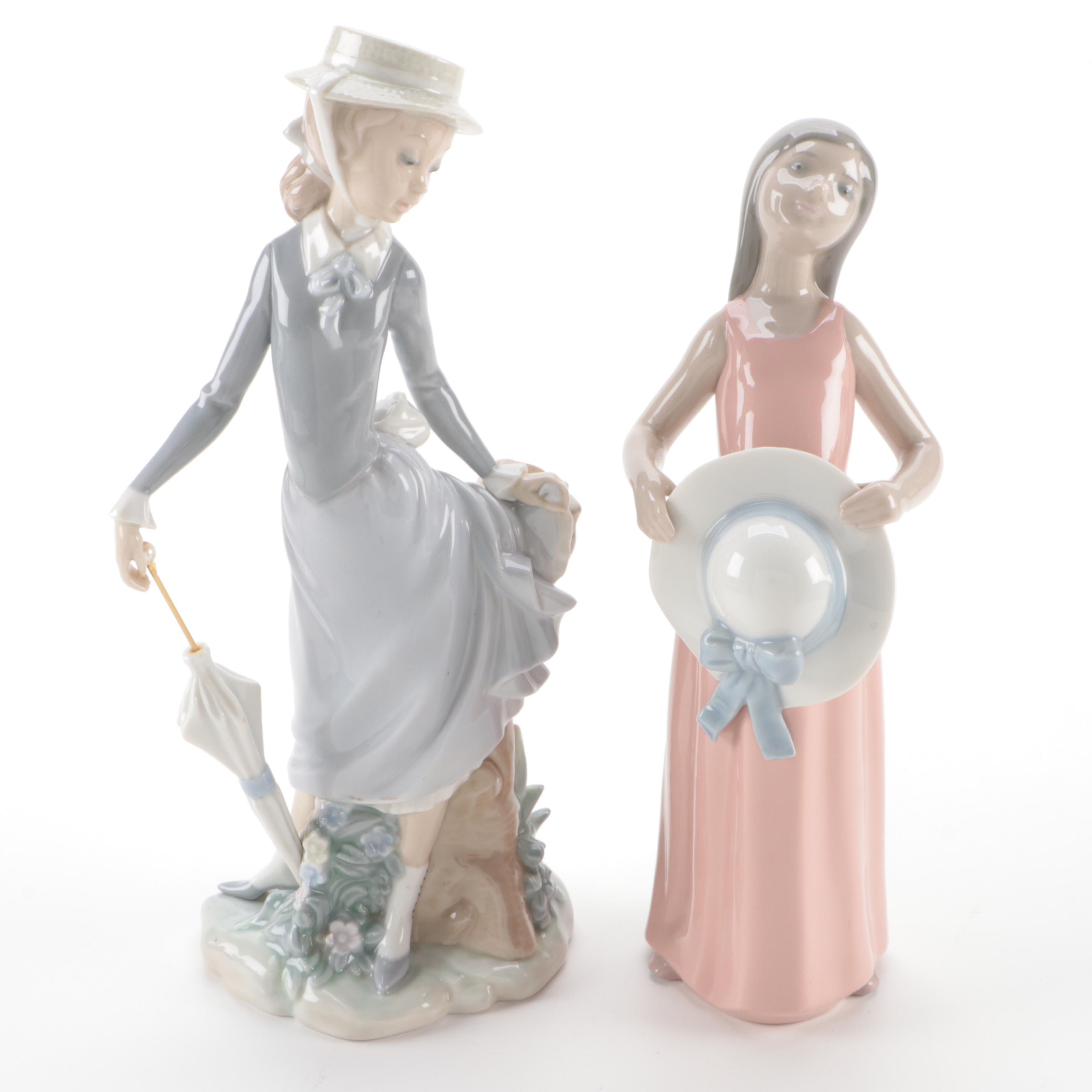 Lladró "Young Lady in Trouble" and "Girl with Straw Hat" Porcelain Figurines