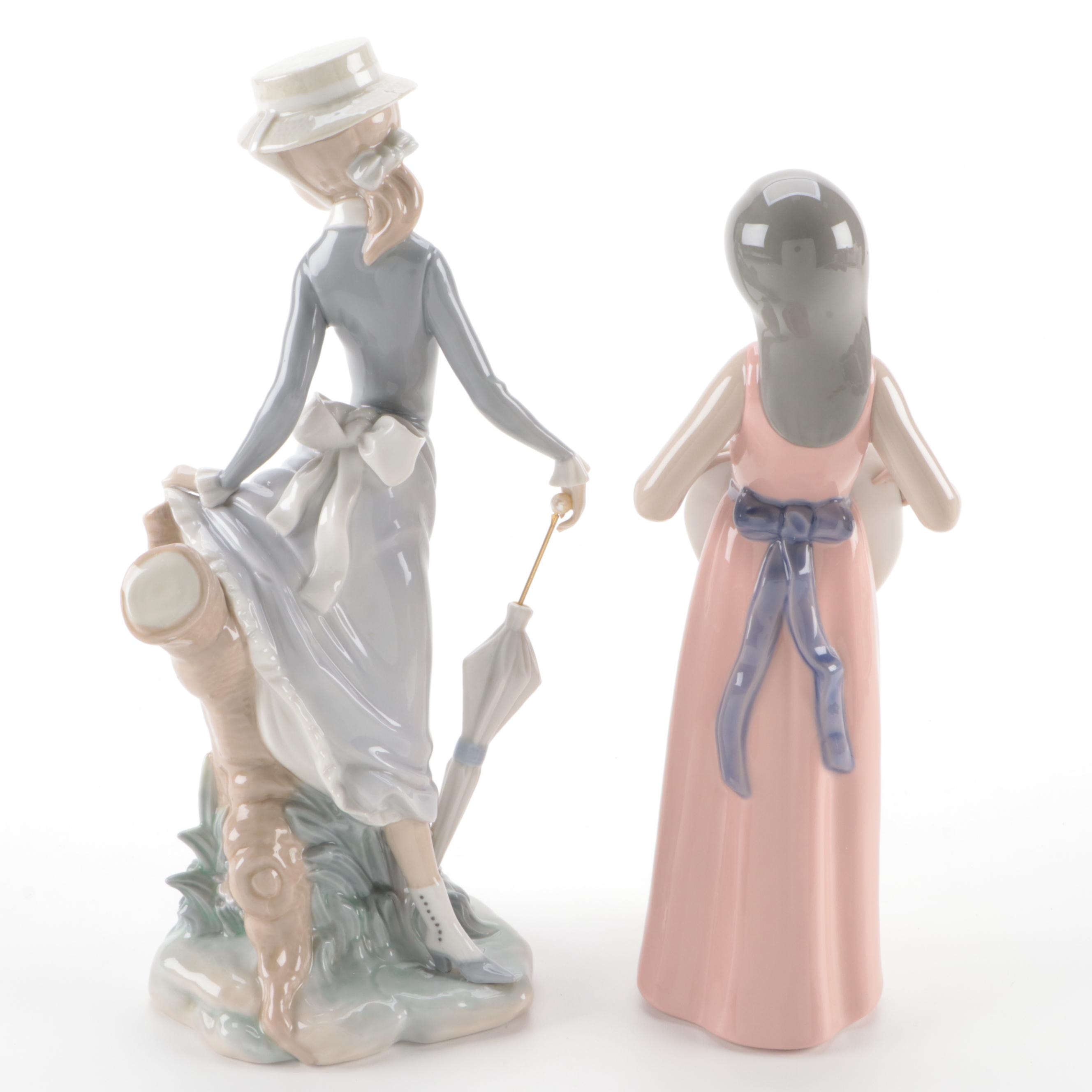 Lladró "Young Lady in Trouble" and "Girl with Straw Hat" Porcelain Figurines