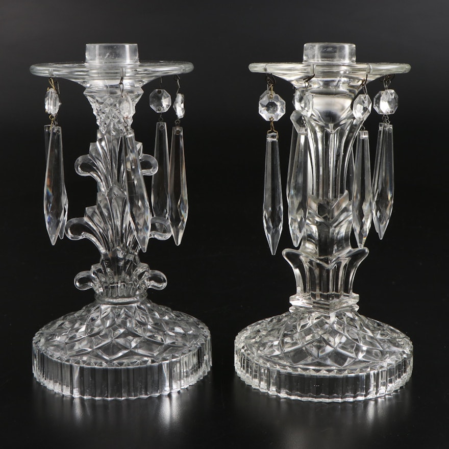 Two Pressed Glass Mantle Luster Candleholders