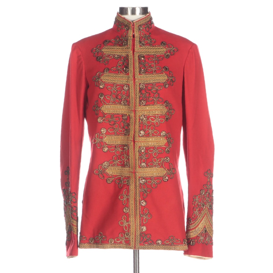 Military Style Red Wool Tunic Jacket with Metallic Thread Soutache Braid Trim