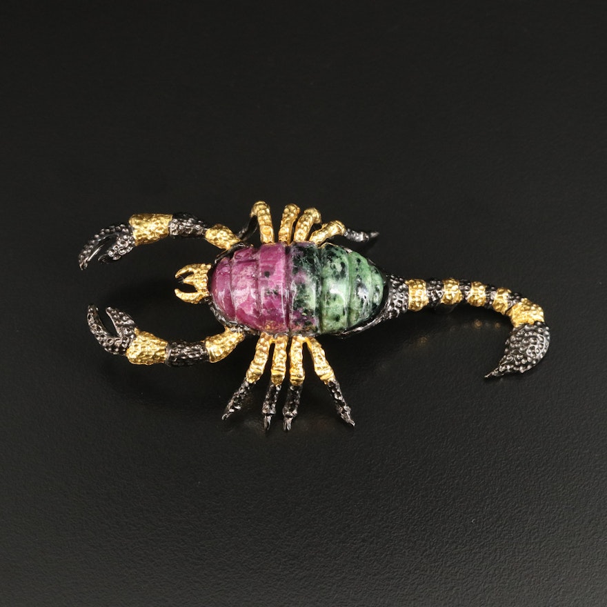 Sterling Scorpion Brooch with Ruby in Zoisite