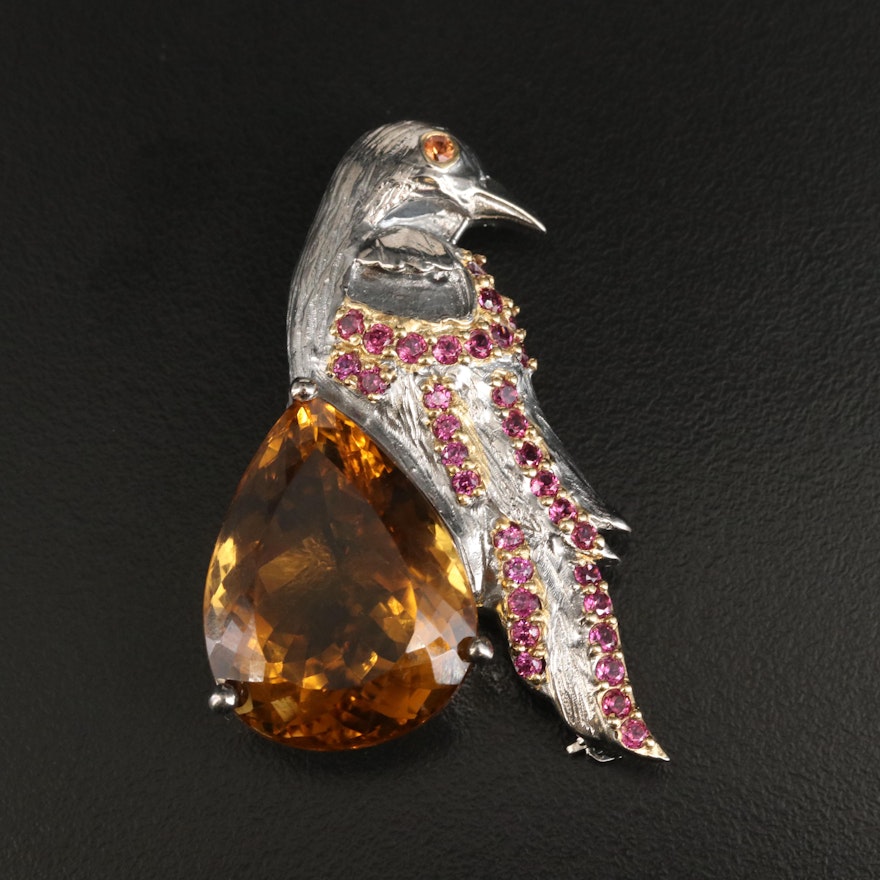 Sterling Bird Brooch with Citrine and Garnet