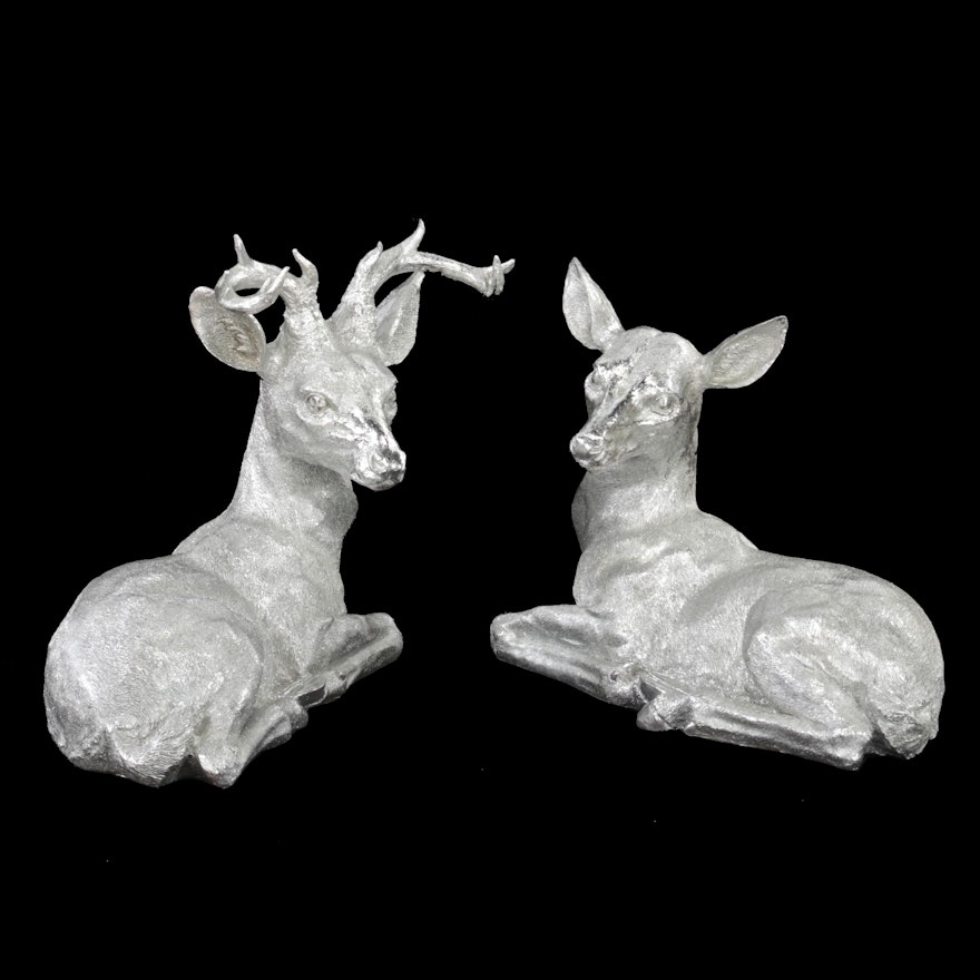 Silver Finish Cast Composite Stag and Doe Figurines