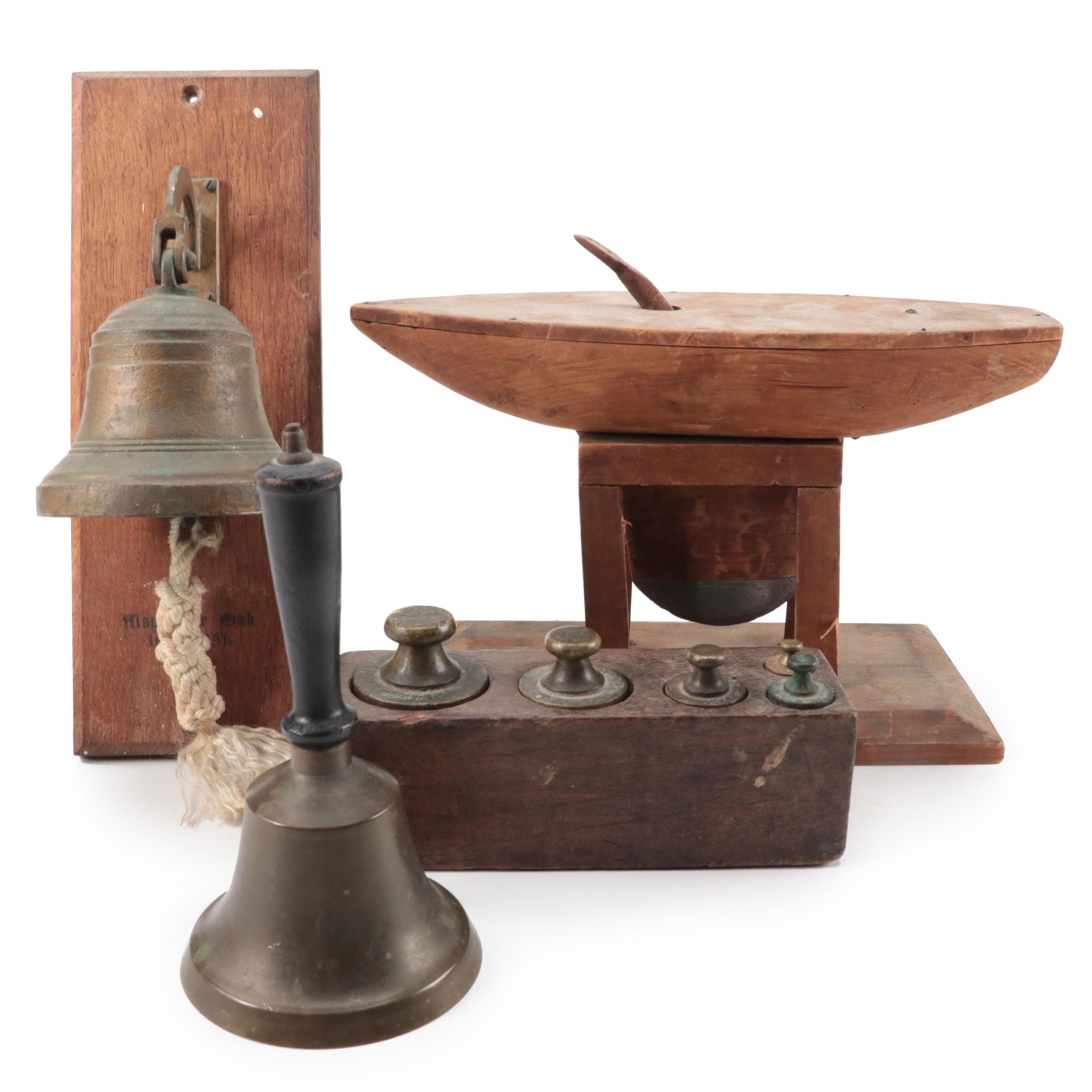 Brass Hanging Doorbell, Scale Weights, Handbell and Boat Hull Model