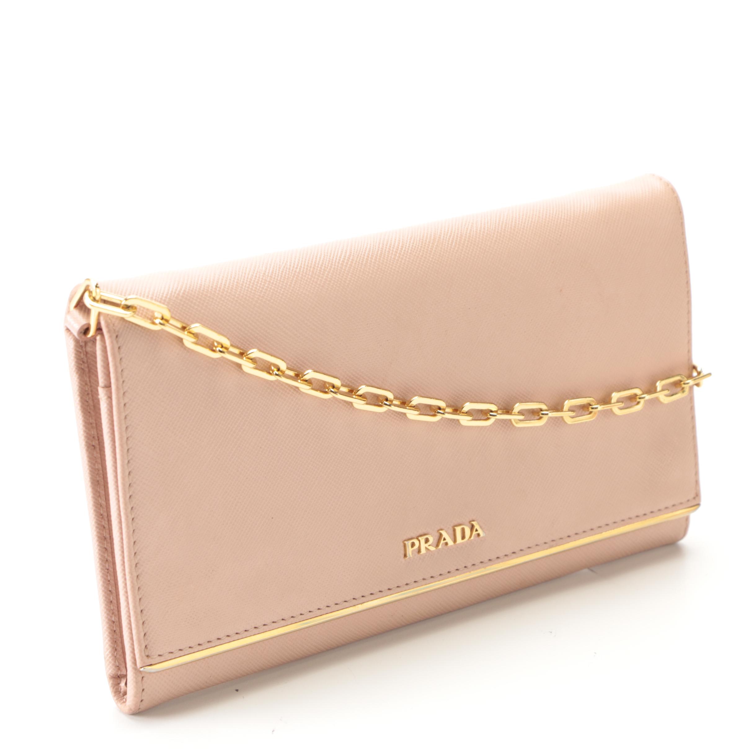 Prada Wallet on Chain in Pink Saffiano Leather
